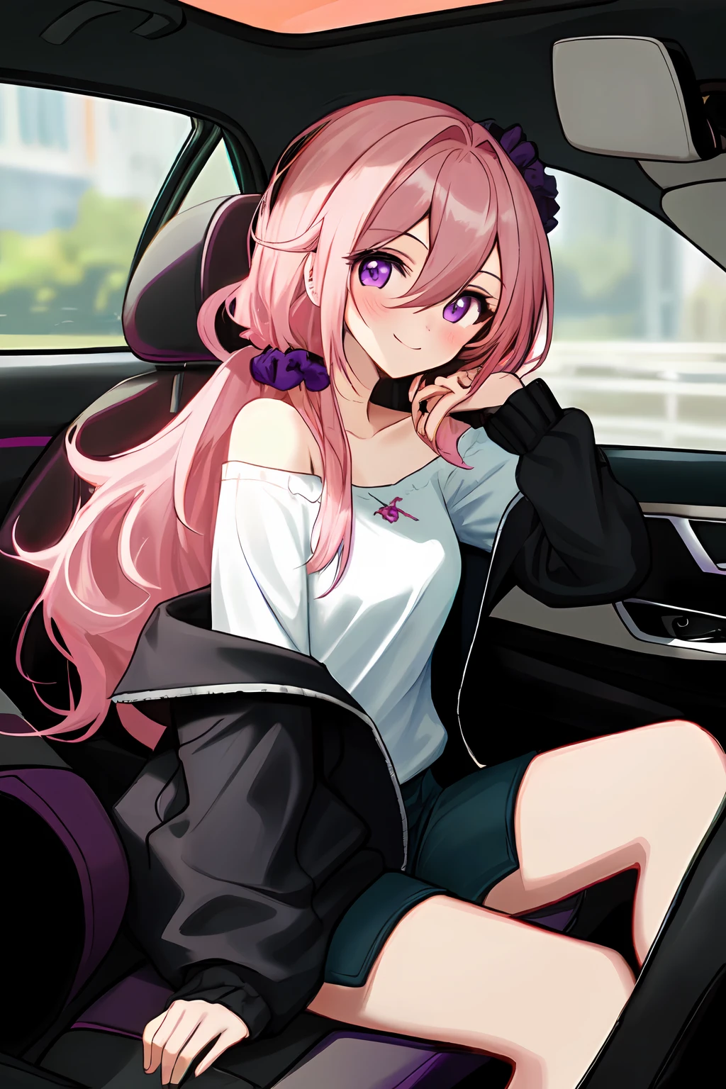 (masterpiece, best quality),1girl sitting in a car ,1girl, jewelry, smile, looking at viewer, car interior, solo,pink hair, purple eyes, steering wheel, blush, long hair, white shirt, off shoulder, black jacket, hair between eyes, long sleeves, wrist scrunchie,