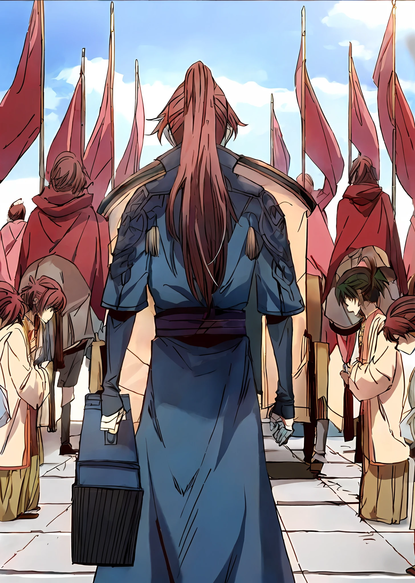 An anime scene of a man in period costume walking through a crowd, boromir in an anime world, screenshot from the anime film, with young jedi army behind him, mushoku tensei, boromir in an 80\'s anime world, vinland saga, aragorn in an anime world, leaving for battle, Fire Emblem Sannomiya Traditional Chinese costume