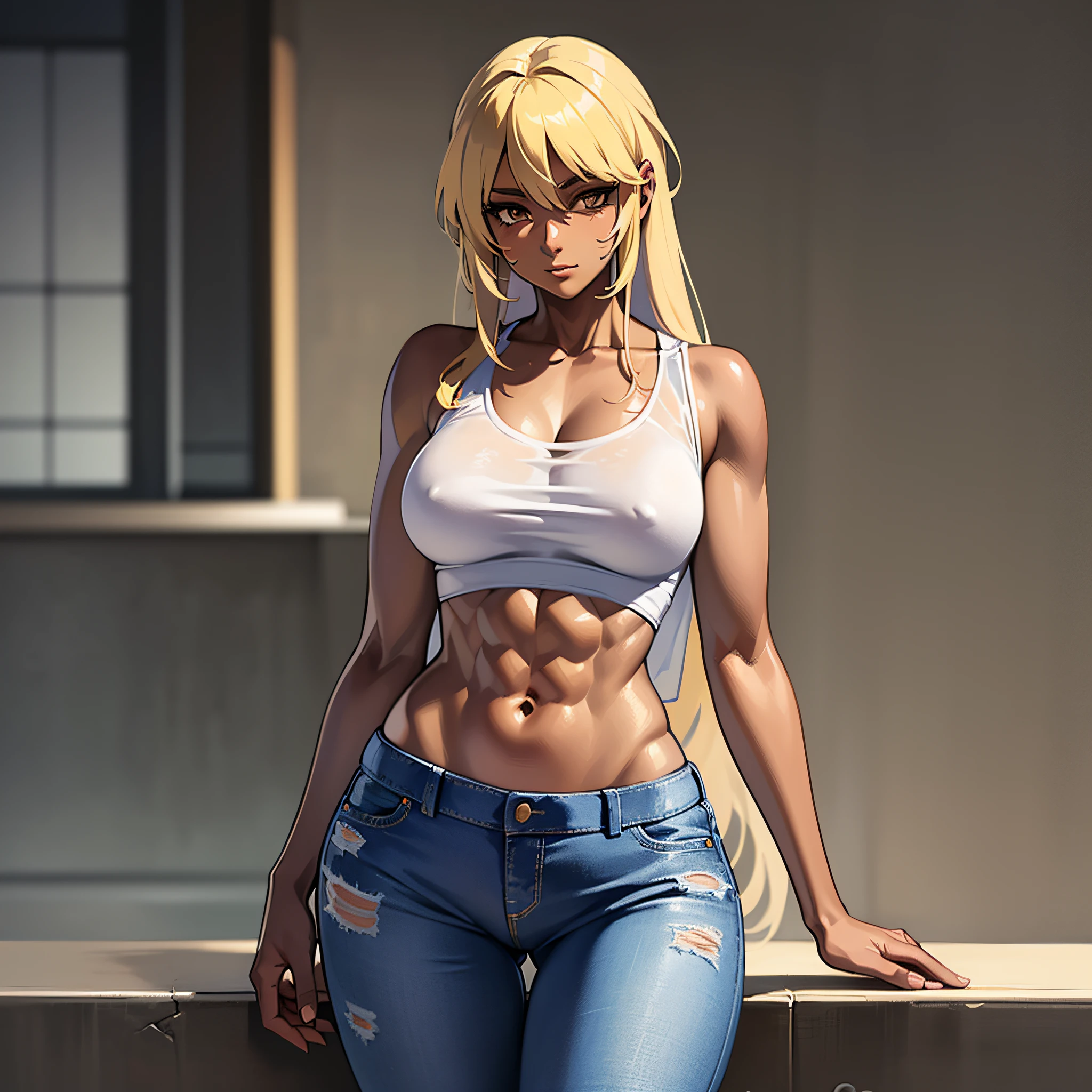 ((((masterpiece、Highest Quality、Brown skin color、blond hair、tee shirt、jeans))))、a ponytail、Long body、long legs、blond hair、Big big tits、Face Focus、Sweat、(((Lustrous skin)))、((((Split abs、Perfect Body、big chest、fleshy body)))))、(((Very marked camel toe)))、(((pool、M-shaped legs)))、(((a muscular))).,((((darkskin)))),((tannedskin)),Large breasts, suntan、(((Shyness)))、(((((Sheer clothes)))))、long dress、Realistic skin type、an anime girl、Detailed Digital Anime Art、Seductive anime girl、Highly detailed art germ、a hyperrealistic schoolgirl、Ilyakukvshinov。Silver Hair、Smooth Anime CG Art、Ultra Realistic Woman、ig model |artgerm、Photorealistic anime girl rendering、digital anime art