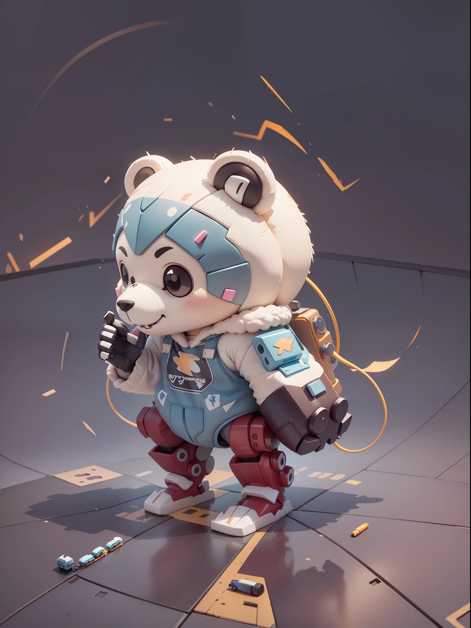 (machanical,white bear:1.331),(Mechanical bear tail),Cute style,little,large head,(Hot Wheels:1.331),3d render,((Q version)),Pokémon style,Machine style,Cinematic texture,Figures,Pokémon,Cinematic Lights,Heavy robotic arm,Mechanical belly,Mechanical legs,Mechanical legs,Mechanical feel,The background surrounds lightning,flash of lightning,cruel,Clean white background,raytracing,Premium color,Full body 3D model,action,Stylish blind box toy。(fill body:1.2),Chibi T-Shi