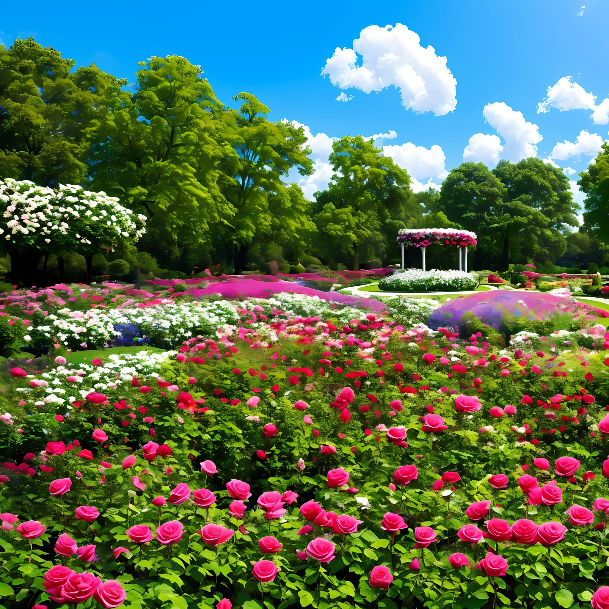Rose garden with blue sky and white clouds as background --auto