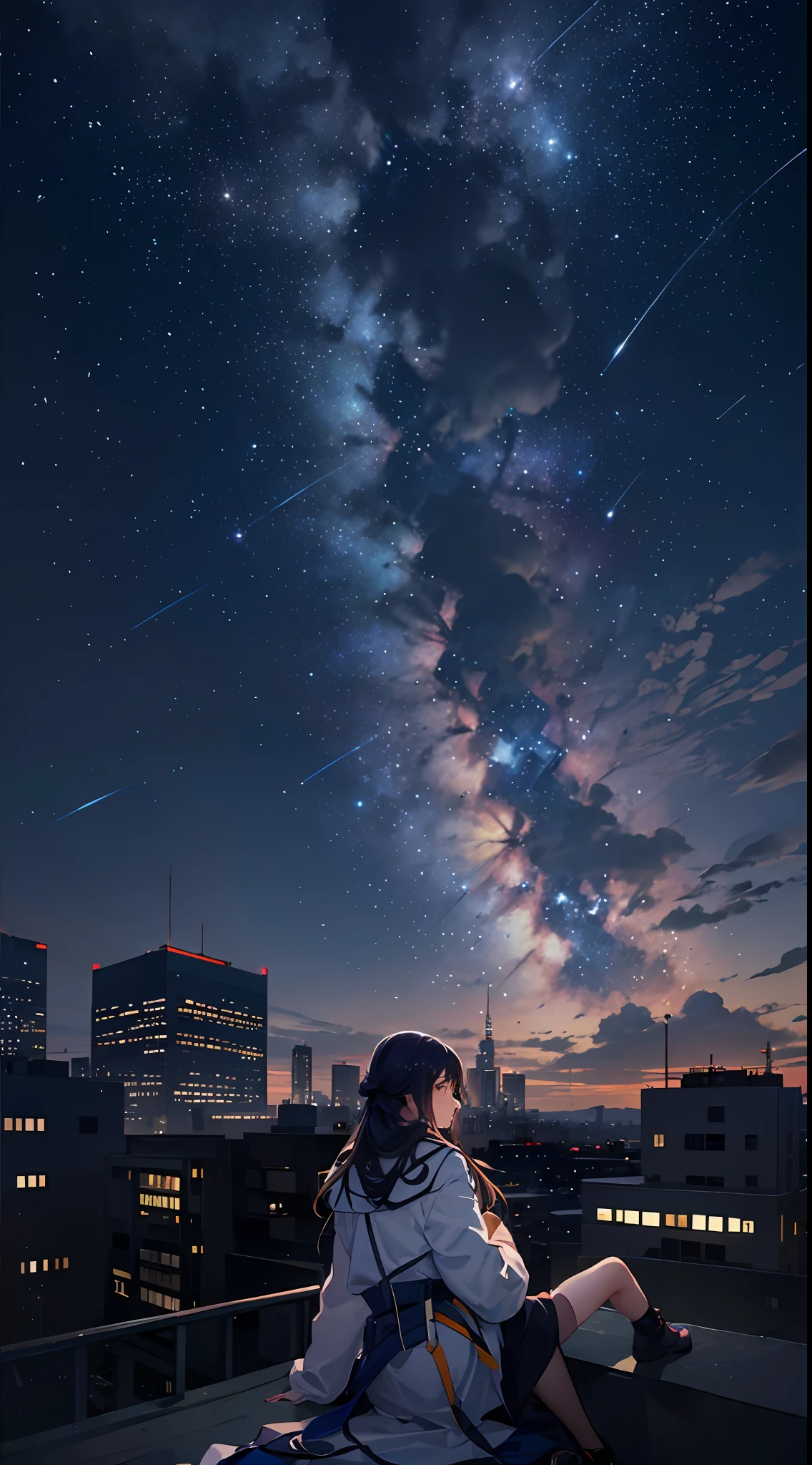 Octane, sky, stars(sky), landscapes, star sky, night, a 1girl, night sky, solo, outdoor, construction, cloud, Milky Way, Sitting, tree, Long hair, metropolis, siluettes, Bigger cities、Overlooking、Cityscape --auto --s2