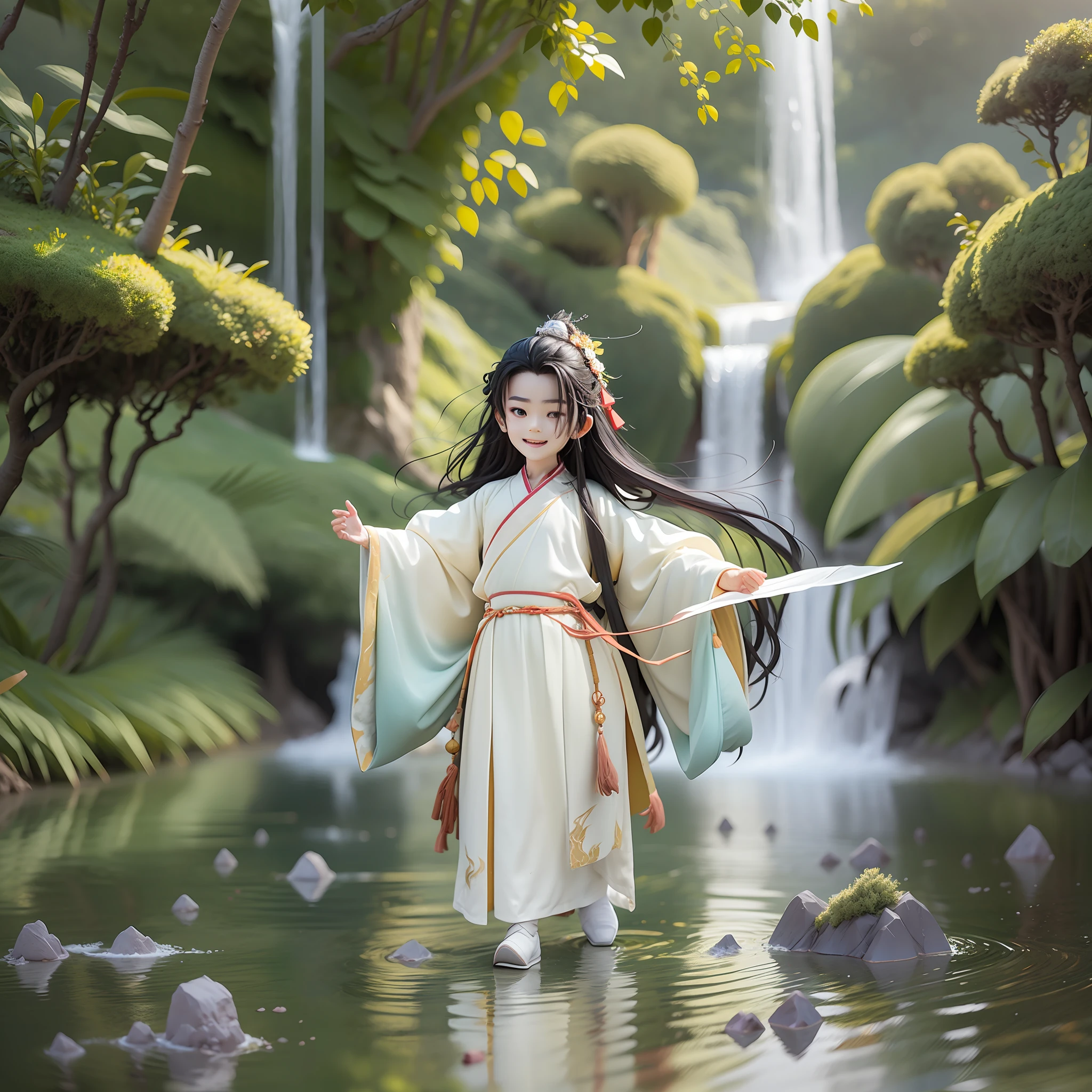 (Masterpiece),(Need),(Super meticulous),(all body:1.2),(A 4 year old boy,with long black hair,White clothes fluttering,Hanfu,Laugh,Stand beneath cliffs and waterfalls,chibi