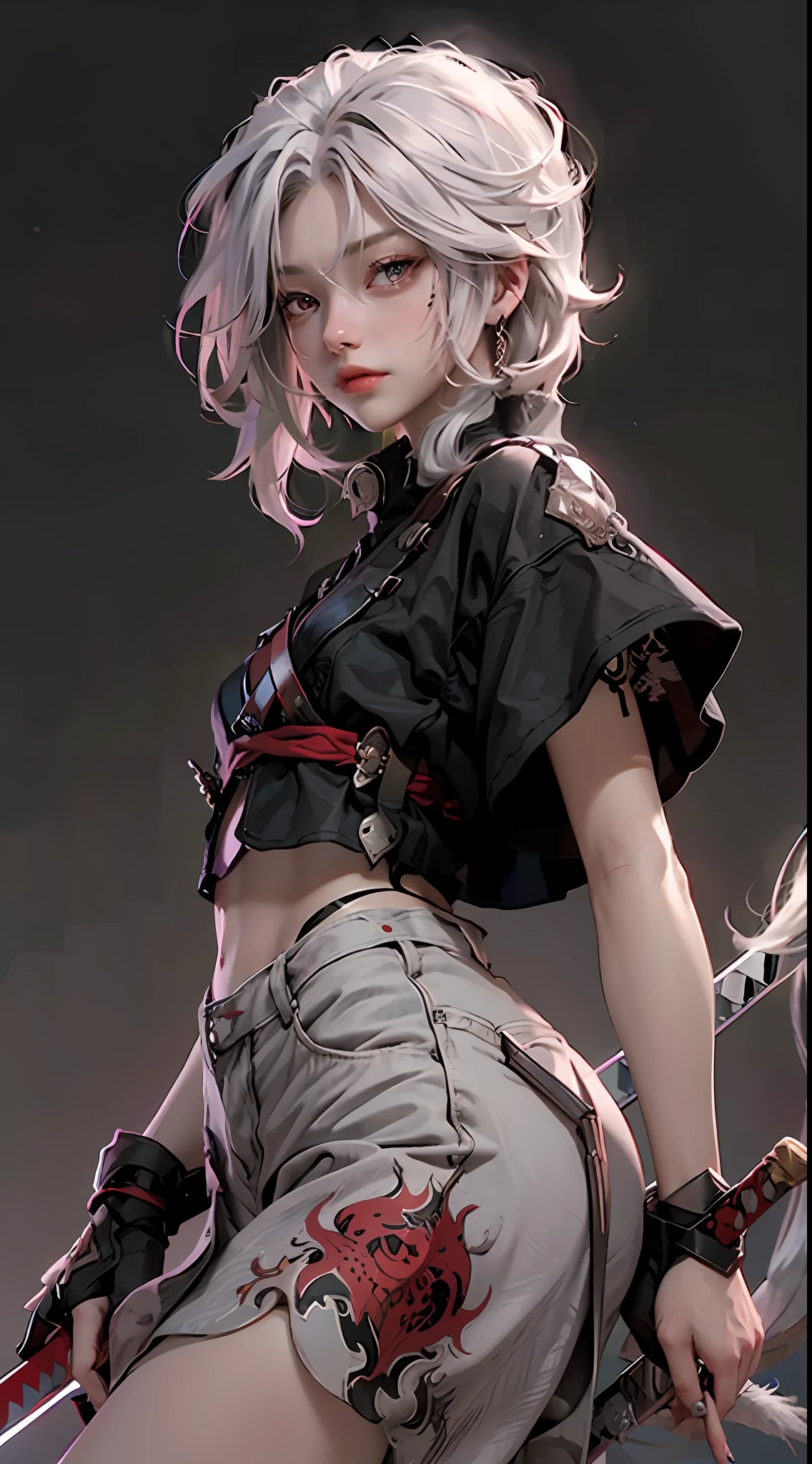 A cool boy, grey hair, red eyes, sword