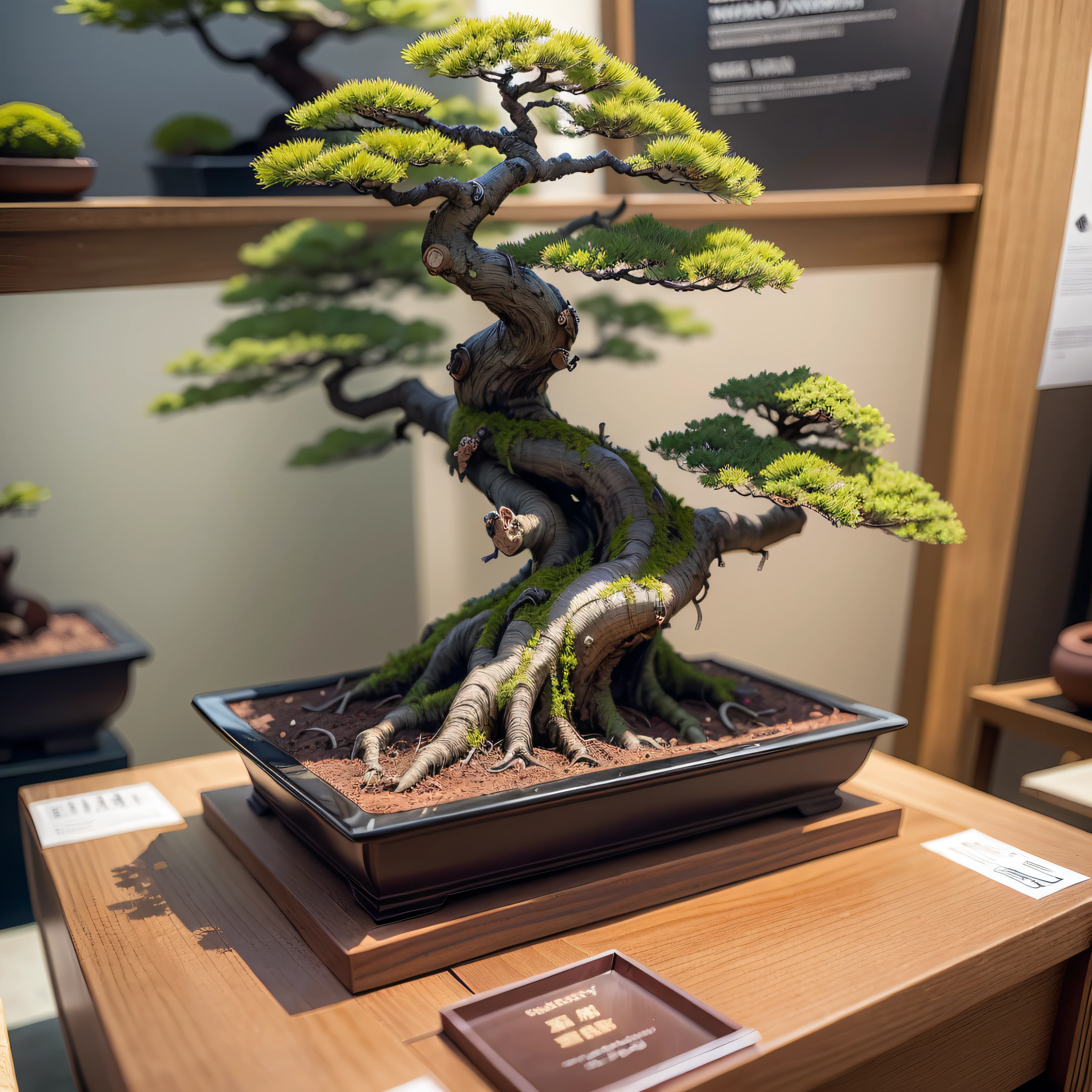 (Masterpiece:1.3), (8k, Best Quality:1.4), black pine bonsai, Award-winning work at the World Bonsai Convention, Works like bonsai artist Masahiko Kimura, On the display stand majestically placed in the center of Makuhari Messe, luxury pottery, spotlight, dark gray background, no person