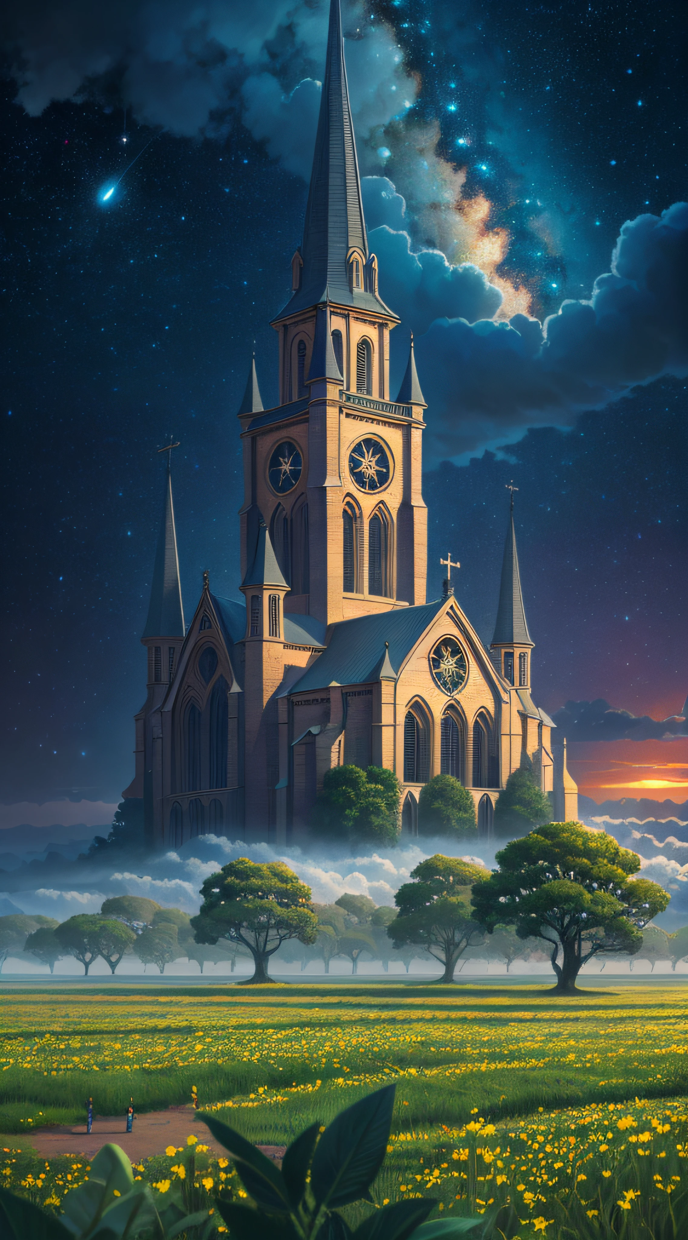 realistic photopraph of the church in ruigoord landjuweel with a starry night sky where birds flying through the clouds where many people playing in a field of green lush nature with a gigantic trees and in the background fuel deposits and industry, 4k highly detailed digital art, epic fantasy sci fi illustration, detailed dreamscape, 4k detailed digital art, detailed fantasy digital art, beautiful art uhd 4 k, dan mumford and alex grey style, sci-fi fantasy wallpaper, detailed digital 2d fantasy art, fantasy space, detailed painting 4 k