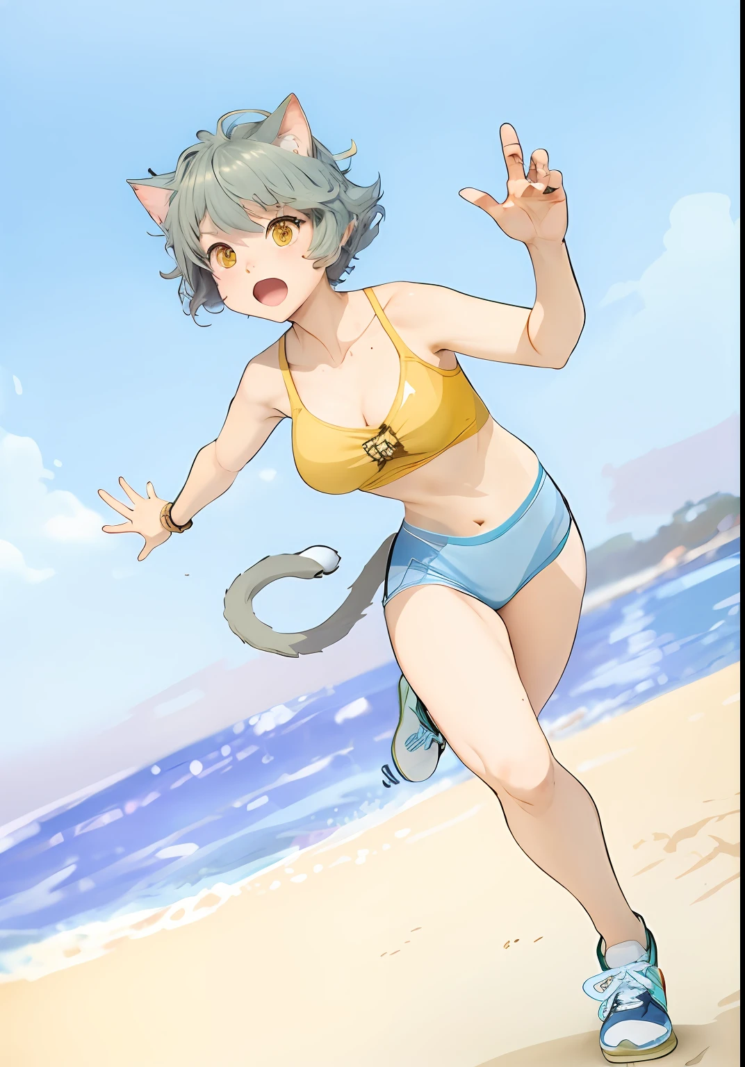 anime girl running on the beach with a cat tail, catgirl, anime catgirl, full body portrait of a short!, on a sunny beach, on beach, Full body:: Sunny weather::, on beach, attractive cat girl, neferpitou, on beach, Cat girl, cute anime catgirl, wearing a swimming wear, anthro cat