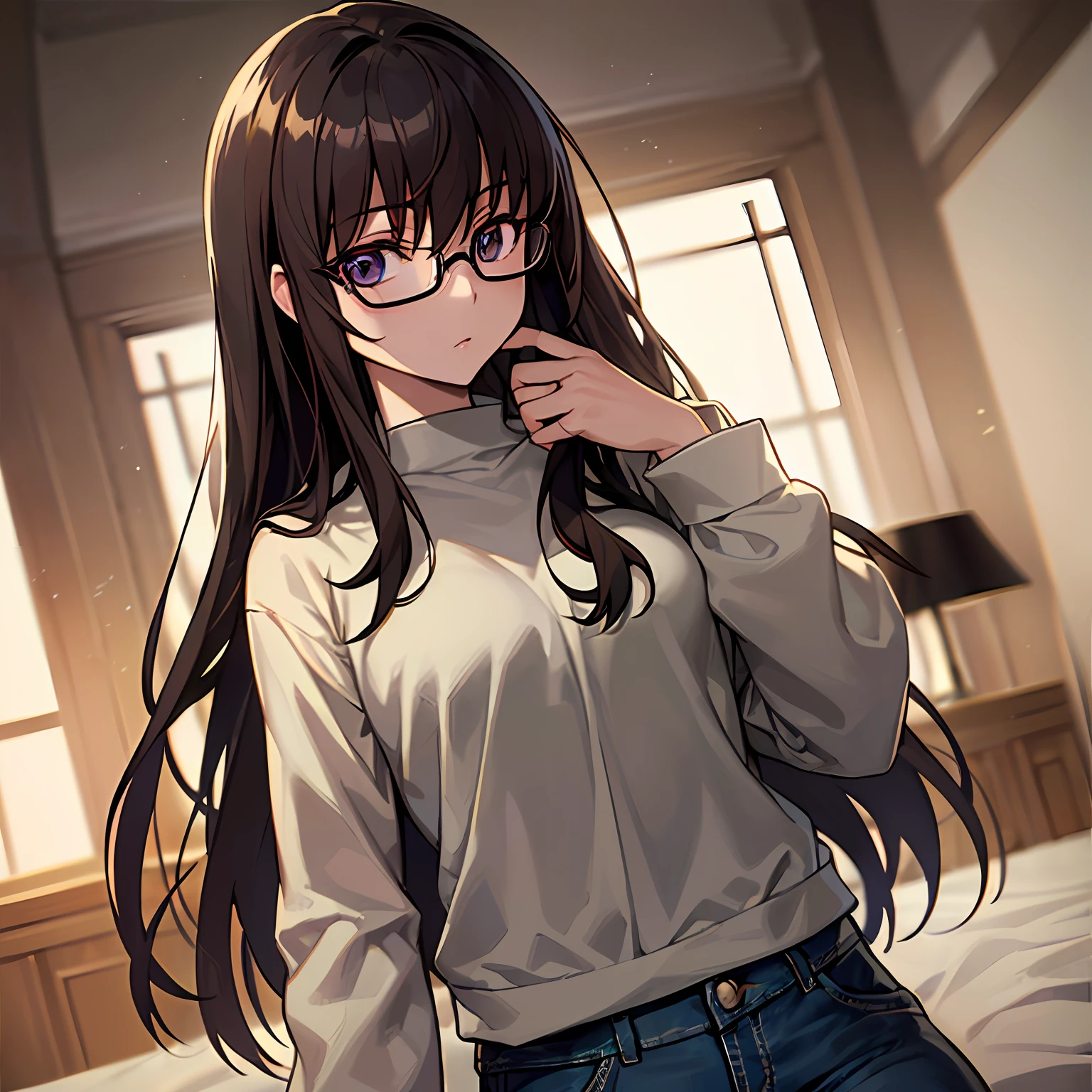 ultra- detailed、((Master Masterpiece、maximum quality、extra detailed))、Hard rim lighting、((Dramatic lighting))、Sharp focus、One Girl、Code Geass、C.C.、Dark hair、Black-rimmed glasses、The whole body、Shirt、jeans、Small breasts、Slender