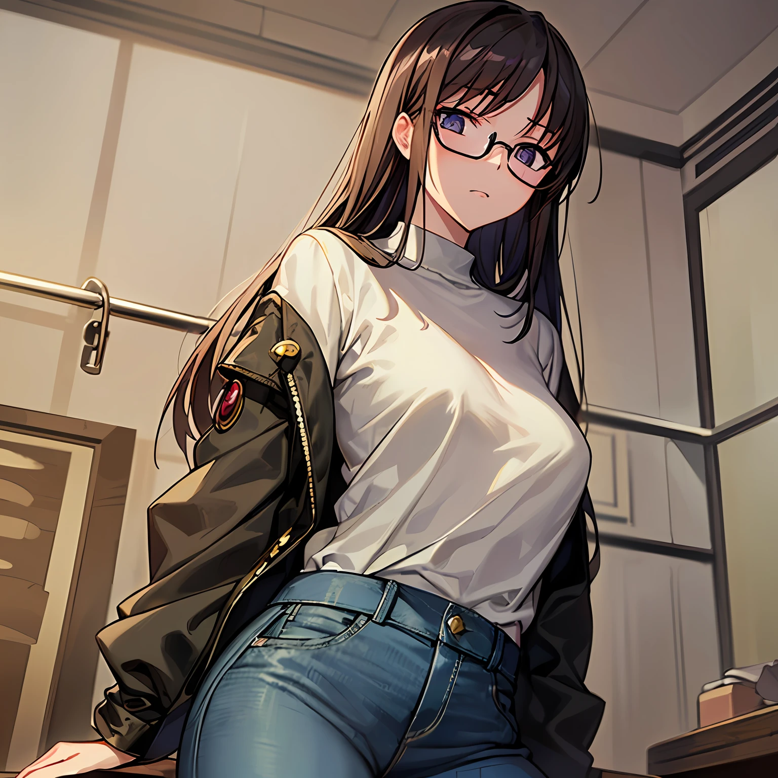 ultra- detailed、((Master Masterpiece、maximum quality、extra detailed))、Hard rim lighting、((Dramatic lighting))、Sharp focus、One Girl、Code Geass、C.C.、Dark hair、Black-rimmed glasses、The whole body、Shirt、jeans、Small breasts、Slender