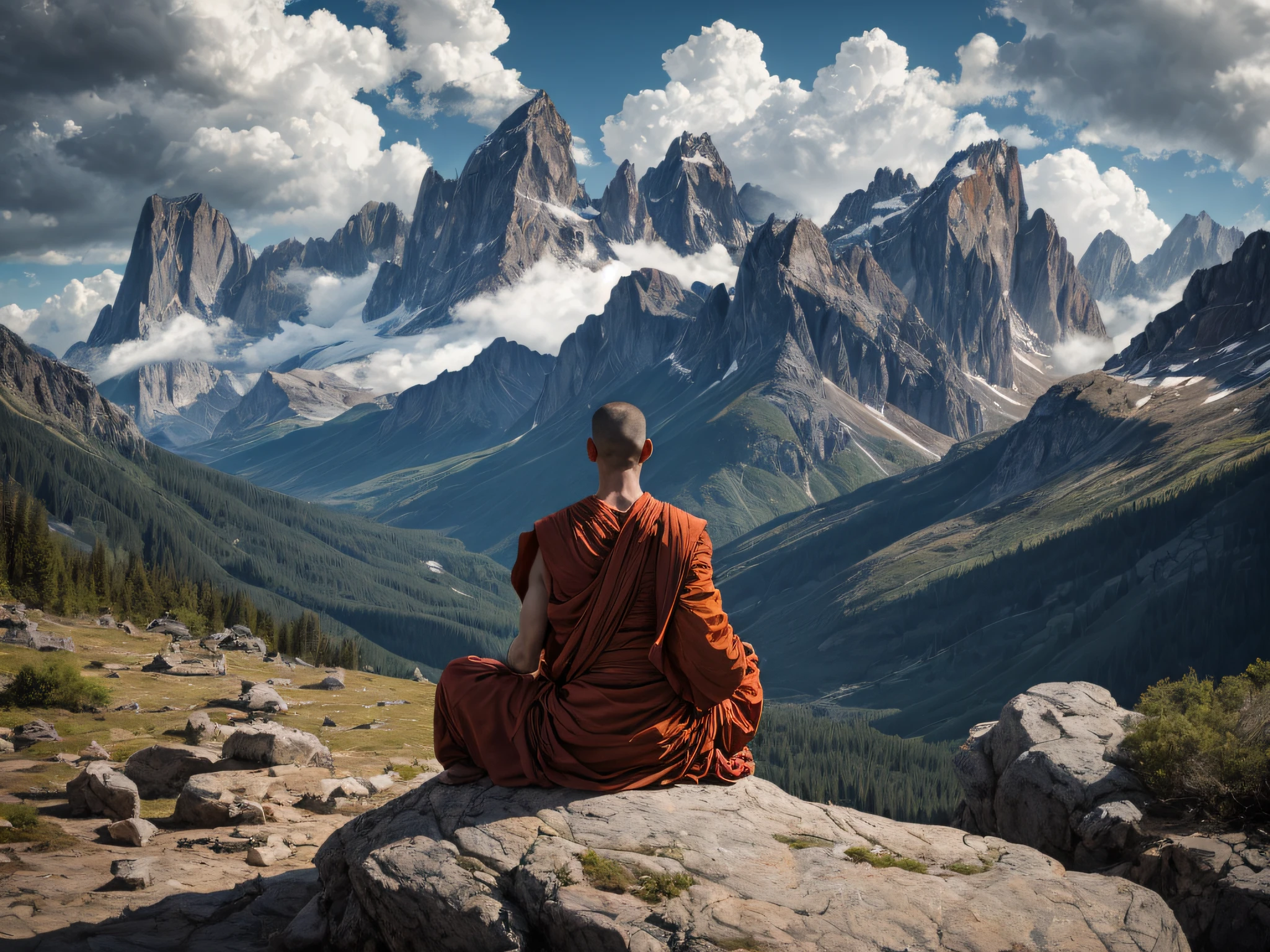 enviromentart, a monk meditating, landscape, outdoors, rock, bird, sky, cloud, mountain, day, masterpiece 8k, high detail,