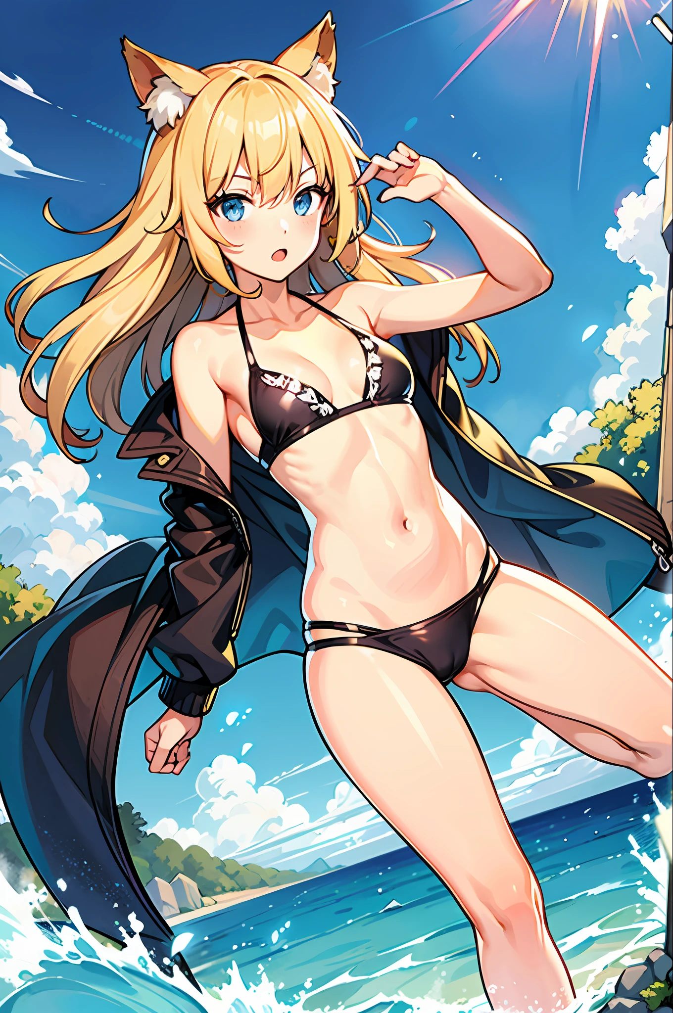 1girl，， oceans，The bikini，Urine，mew，flat-chested，golden hair，high quailty，high res，Dull hair，Blue eyes，Animal ears