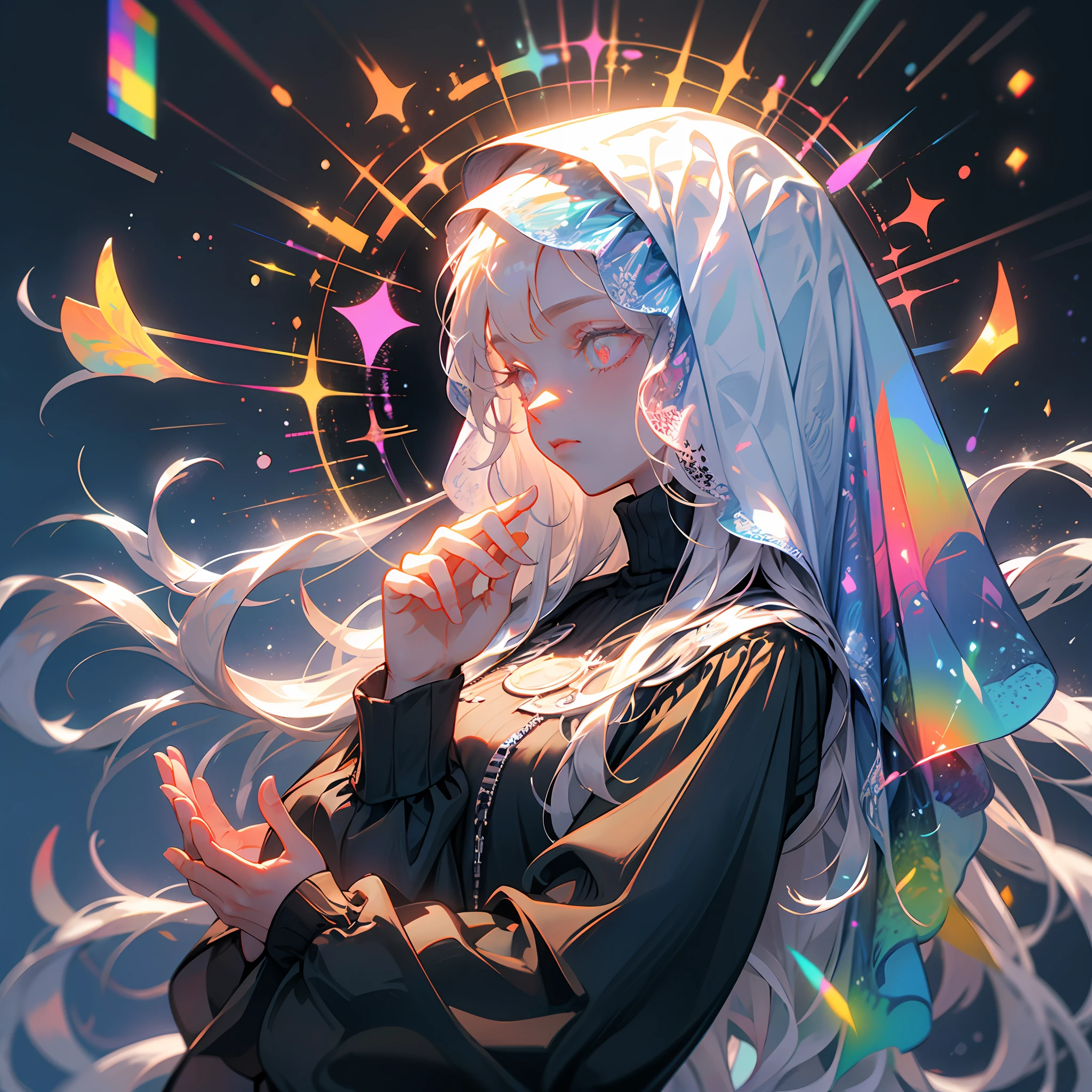 mirrornun, from side, 1girl, solo, upper body, long hair, profile, hands up, own hands together, black background, long sleeves, red eyes, bangs, turtleneck