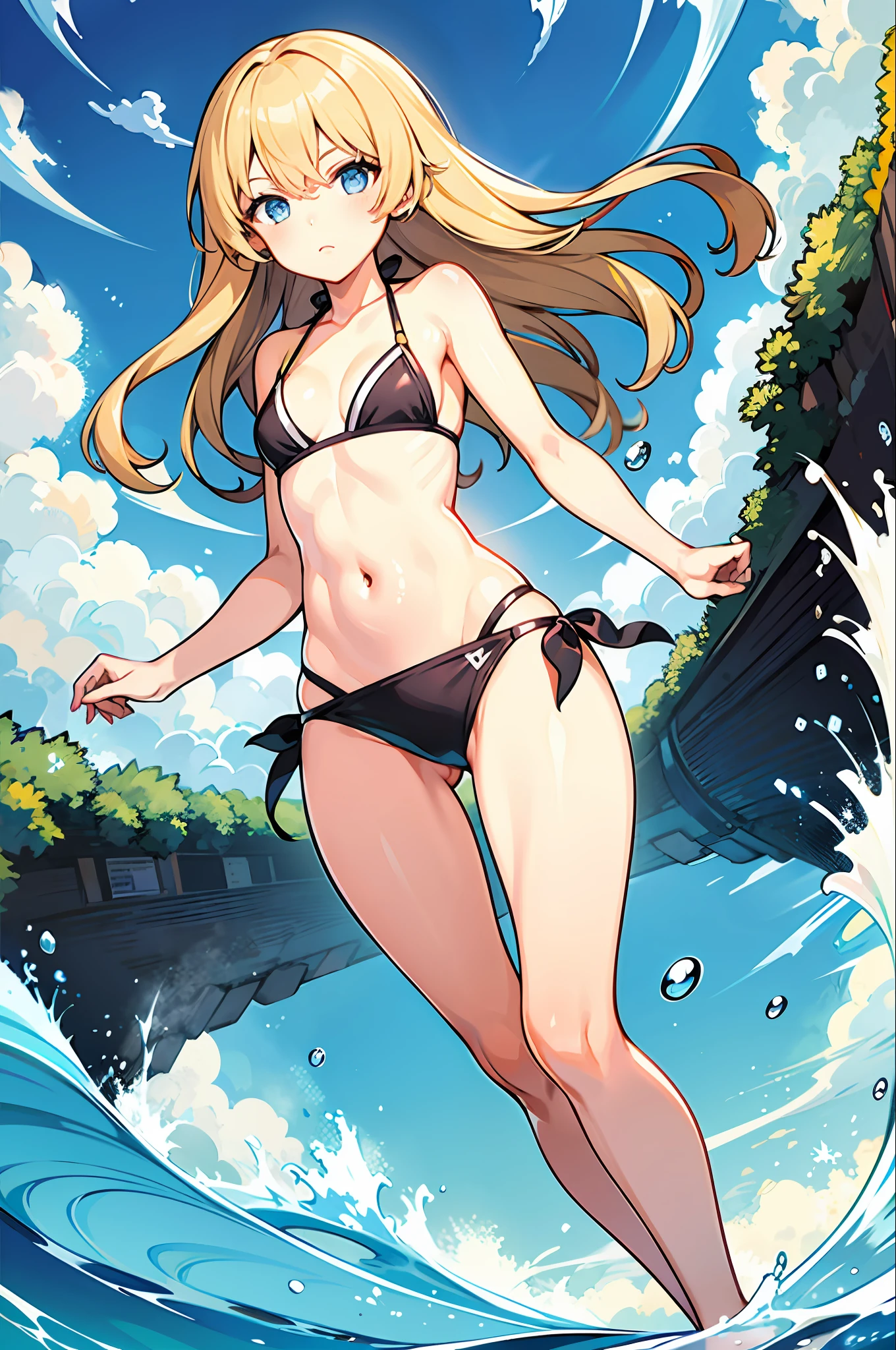 1girl,Lori, oceans,The bikini,Urine,mew,flat-chested,golden hair,high quailty,high res,Dull hair,Blue eyes