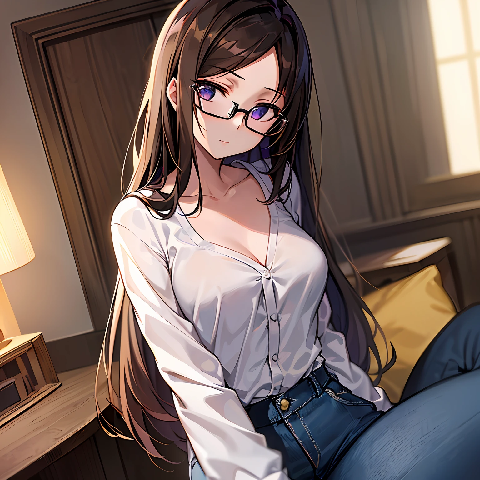 ultra- detailed、((Master Masterpiece、maximum quality、extra detailed))、Hard rim lighting、((Dramatic lighting))、Sharp focus、One Girl、Code Geass、C.C.、Dark hair、Black-rimmed glasses、The whole body、Shirt、jeans、Small breasts、Slender
