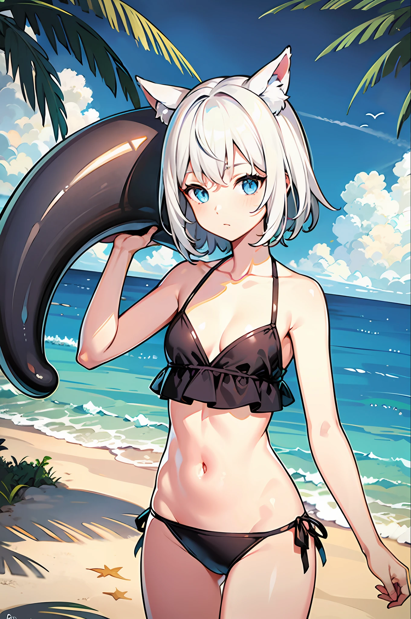 1girl,Lori, oceans,The bikini,Urine,mew,flat-chested,White hair,high quailty,high res,Dull hair,Blue eyes,Animal ears