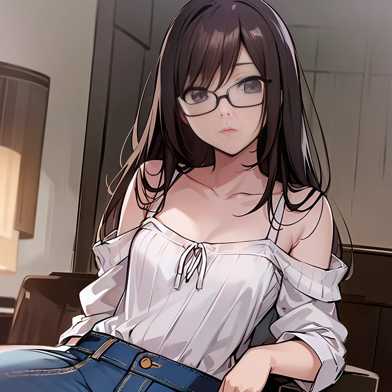 ultra- detailed、((Master Masterpiece、maximum quality、extra detailed))、Hard rim lighting、((Dramatic lighting))、Sharp focus、One Girl、Code Geass、C.C.、Dark hair、Black-rimmed glasses、The whole body、Shirt、jeans、Small breasts、Slender