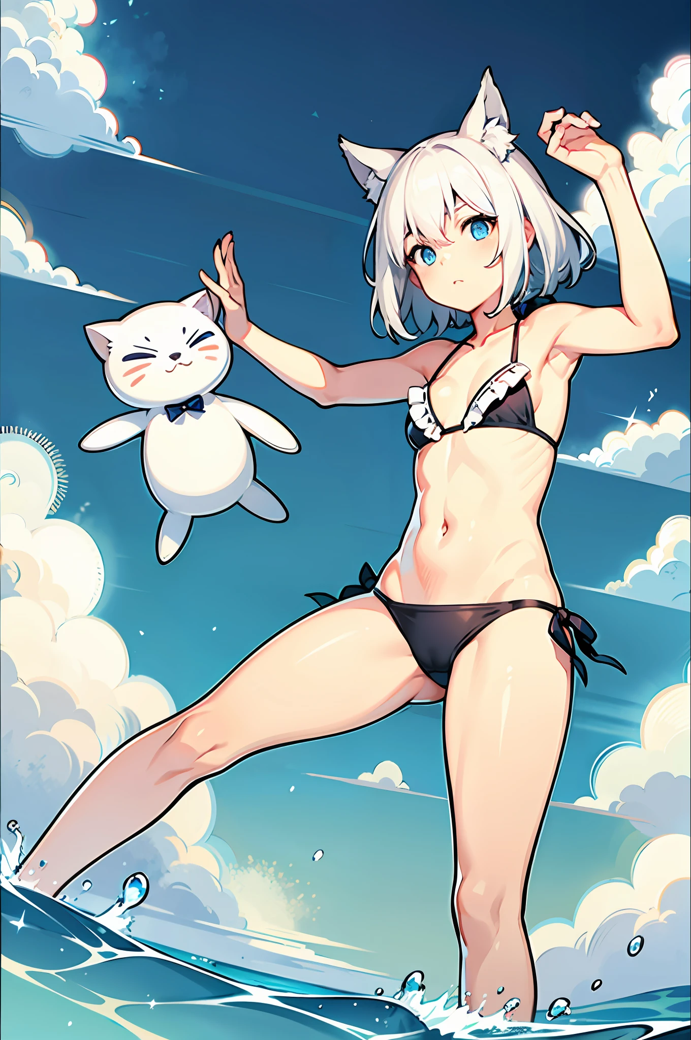 1girl,Lori, oceans,The bikini,Urine,mew,flat-chested,White hair,high quailty,high res,Dull hair,Blue eyes,Animal ears