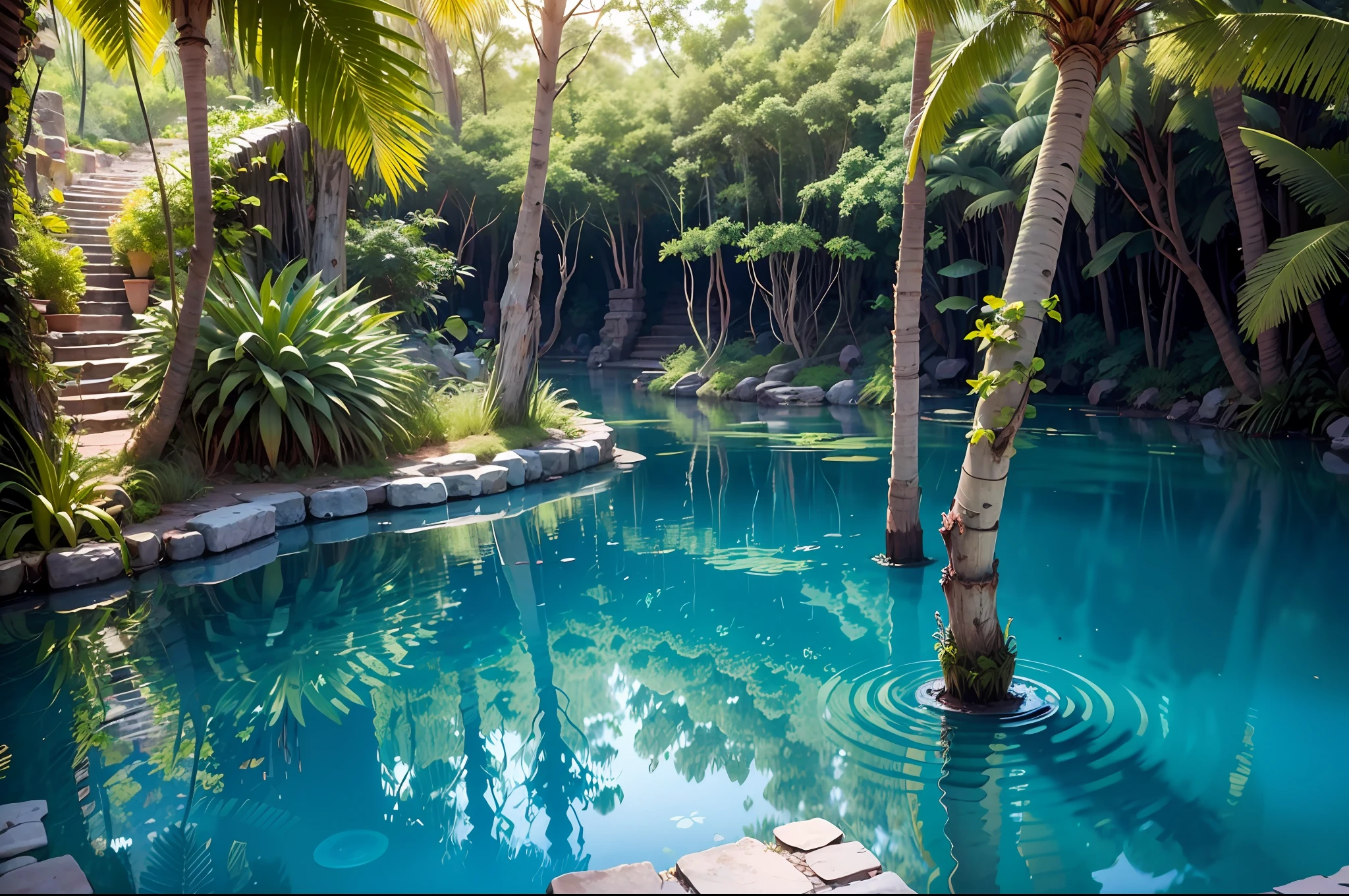 mexican cenote. Ancient male Mayan warriors inside, the lake has crystal clear bluish water. Some tropical plants. Filtered light from the overhead opening. Mysterious and magical atmosphere. --auto --s2