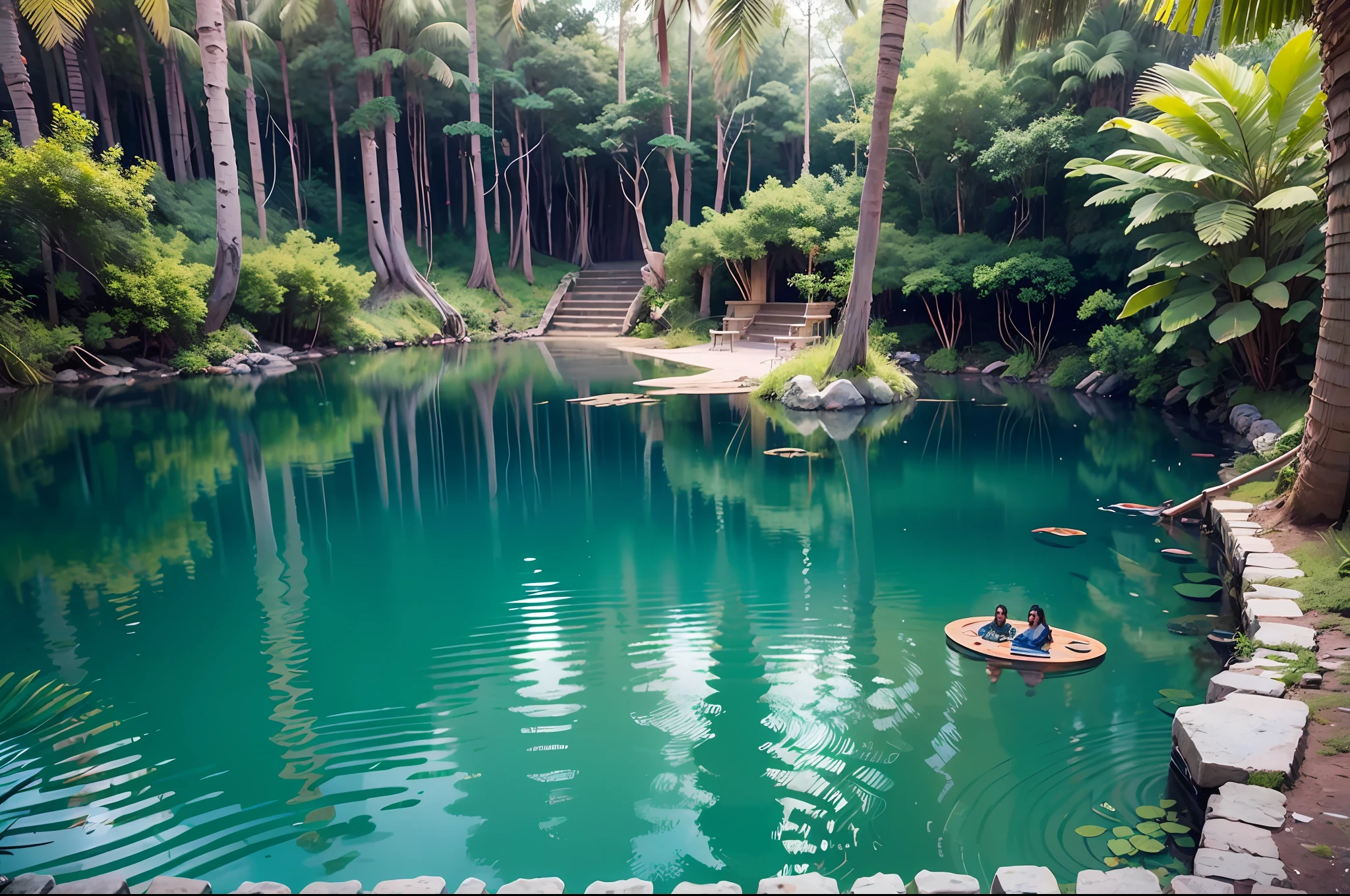 mexican cenote. Ancient male Mayan warriors inside, the lake has crystal clear bluish water. Some tropical plants. Filtered light from the overhead opening. Mysterious and magical atmosphere. --auto --s2
