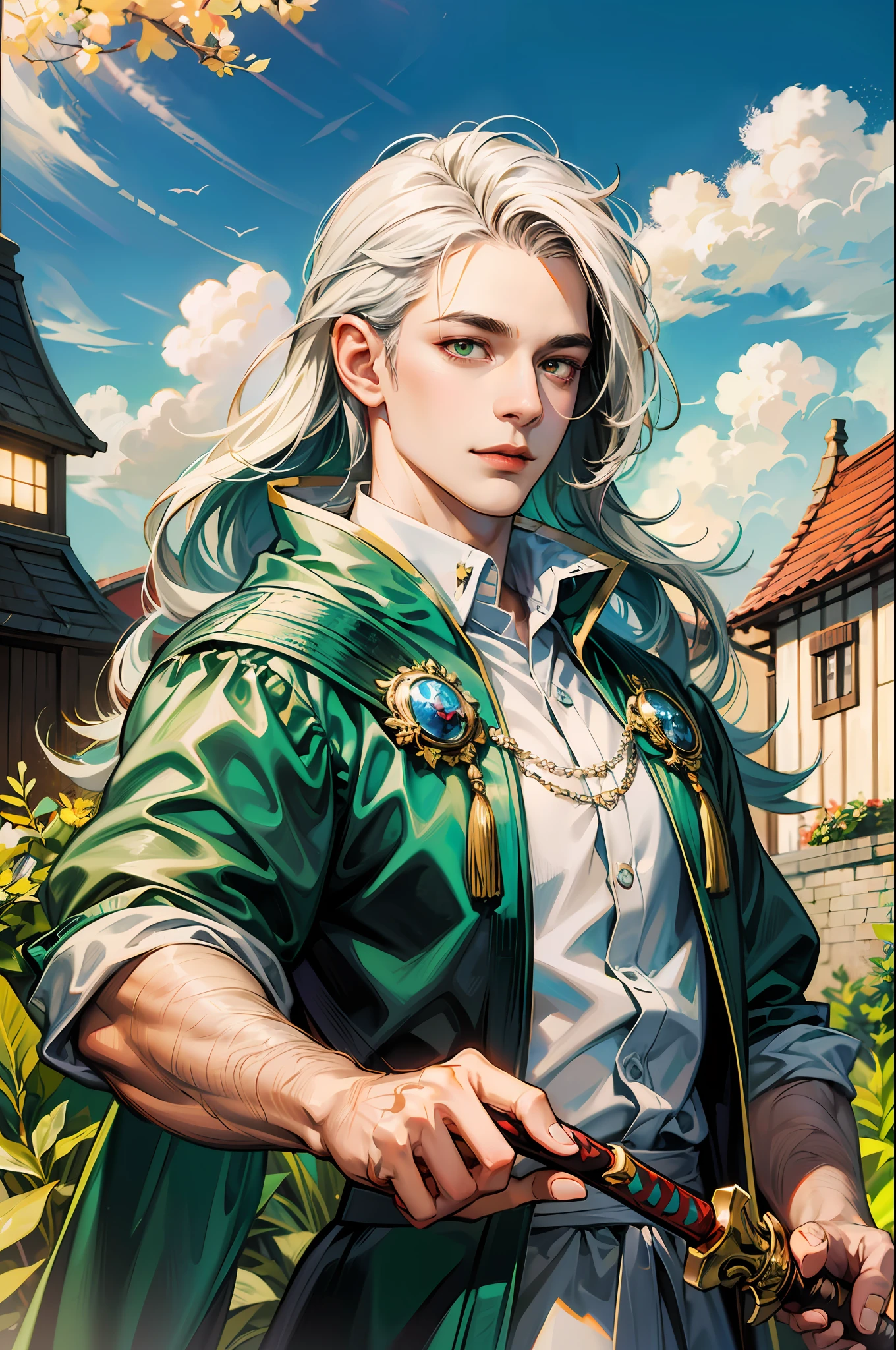 (absurdres, highres, ultra detailed, HDR), masterpiece, best quality, 1boy, handsome, long white hair, bright red eyes and detailed face,(green antiques), dimple, forehead, house, midnight, light smile, sword