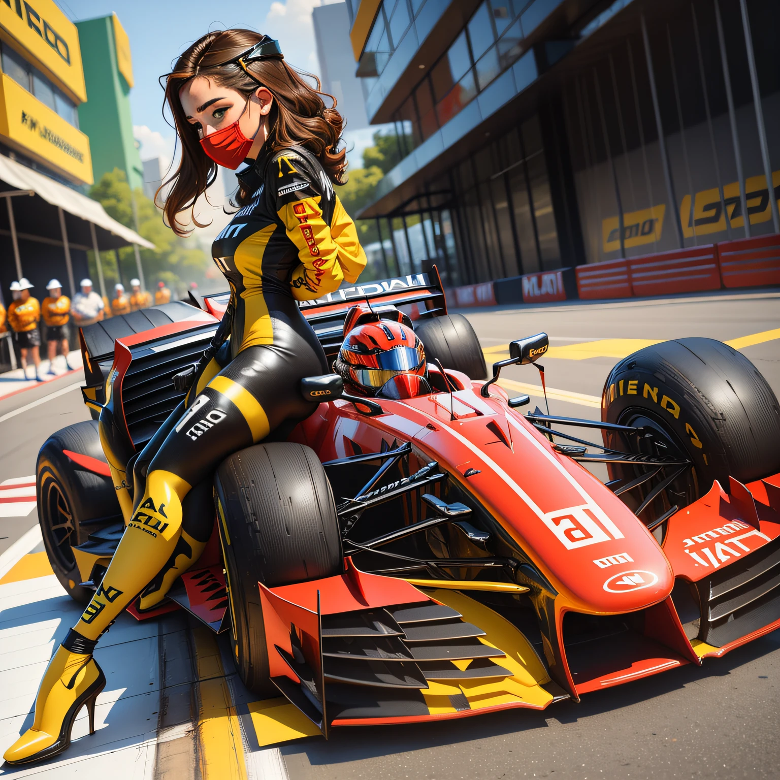 dois carros de F1 no grid, estilo disney, Chibi, corpo inteiro, fofo, Motor irreal, circunstanciado, ultra high-definition, 8k --auto