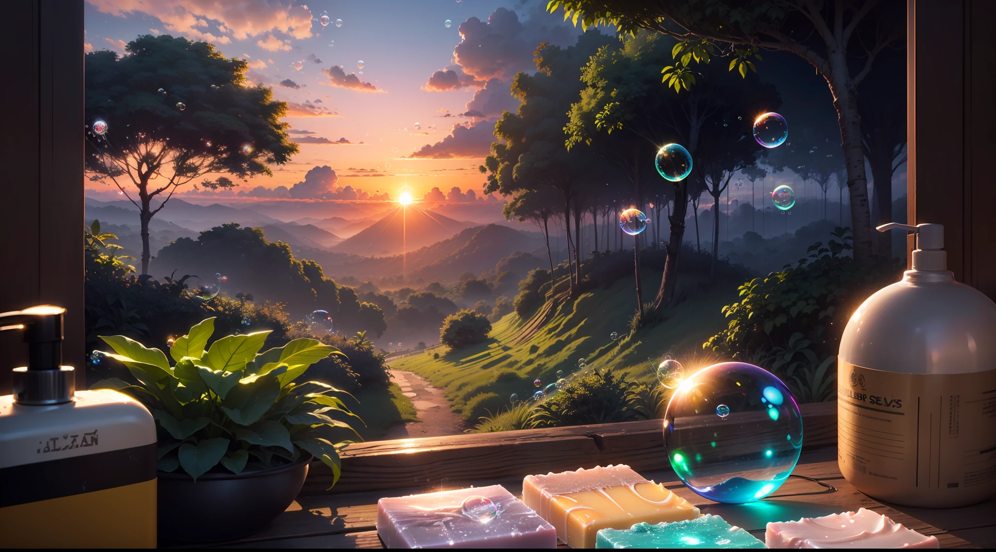 landscape, sunset, ((silver clouds)), jungle, tropic trees, (((neon soap bubbles)))