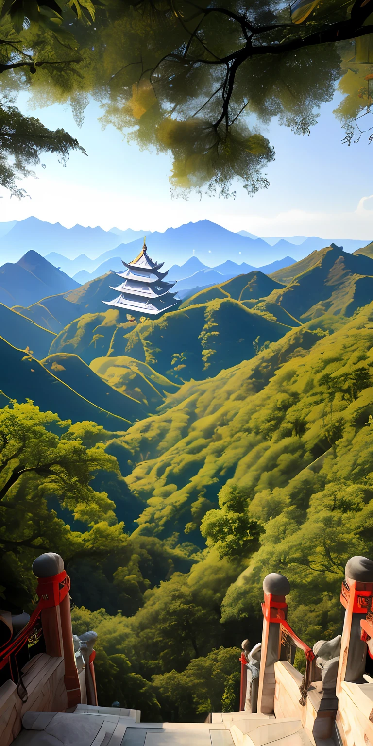 There is a temple in the middle of the garden,It is surrounded by vast green meadows,The mountains are green in the distance,Blue sky and white clouds float in it。sunbeam、green meadows、blue skies、white cloud、mountain range、blossoms、tree、Tano、rivers、lakes、farmhouse、smali、Herd,temple、ancient buildings、Pavilions、Buddha、cigarette、Gate、Stone、Lotus pond、monk、Zen、Quiet