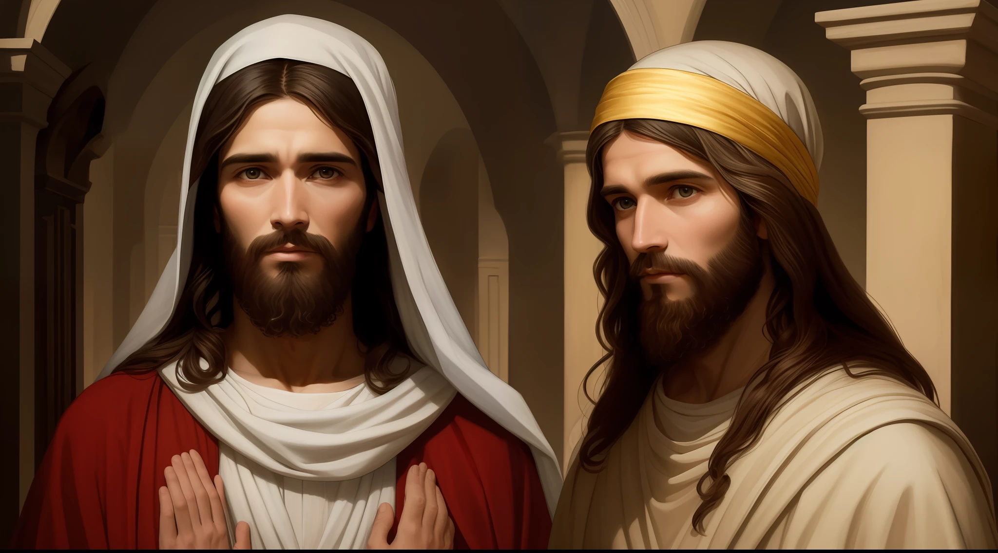 Man with beard and white shawl on his head, Jesus Christ, dressed as Jesus Christ, Jesus of Nazareth, face of Jesus, Greg Olsen, Jesus, Nicodemus, portrait of Jesus Christ, Lord and Savior, He is greeting you warmly.