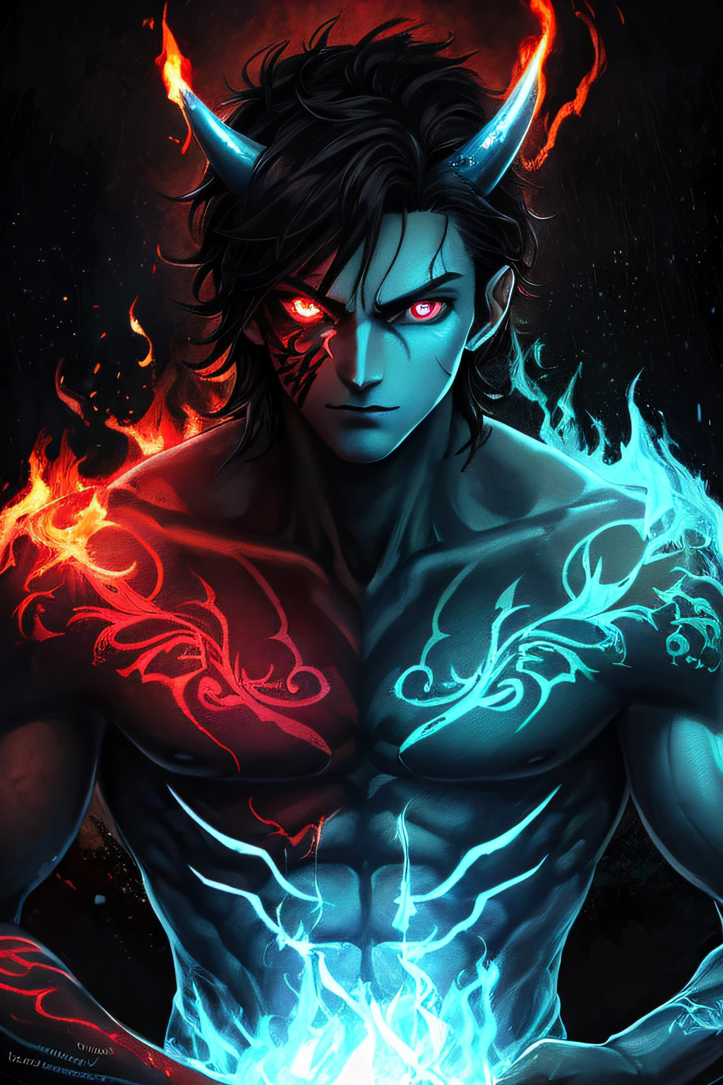8k, complex, elegant, highly detailed, majestic, digital photography, surrealist painting, beating magic, winding flame, (masterpiece, side light, fine beautiful eyes: 1.2), HDR, (glowing red eyes)), naked upper body, (glowing tattoo), handsome boy, black hair, muscles, blue skin, demon horn, raining, handsome, facing the camera, masterpiece