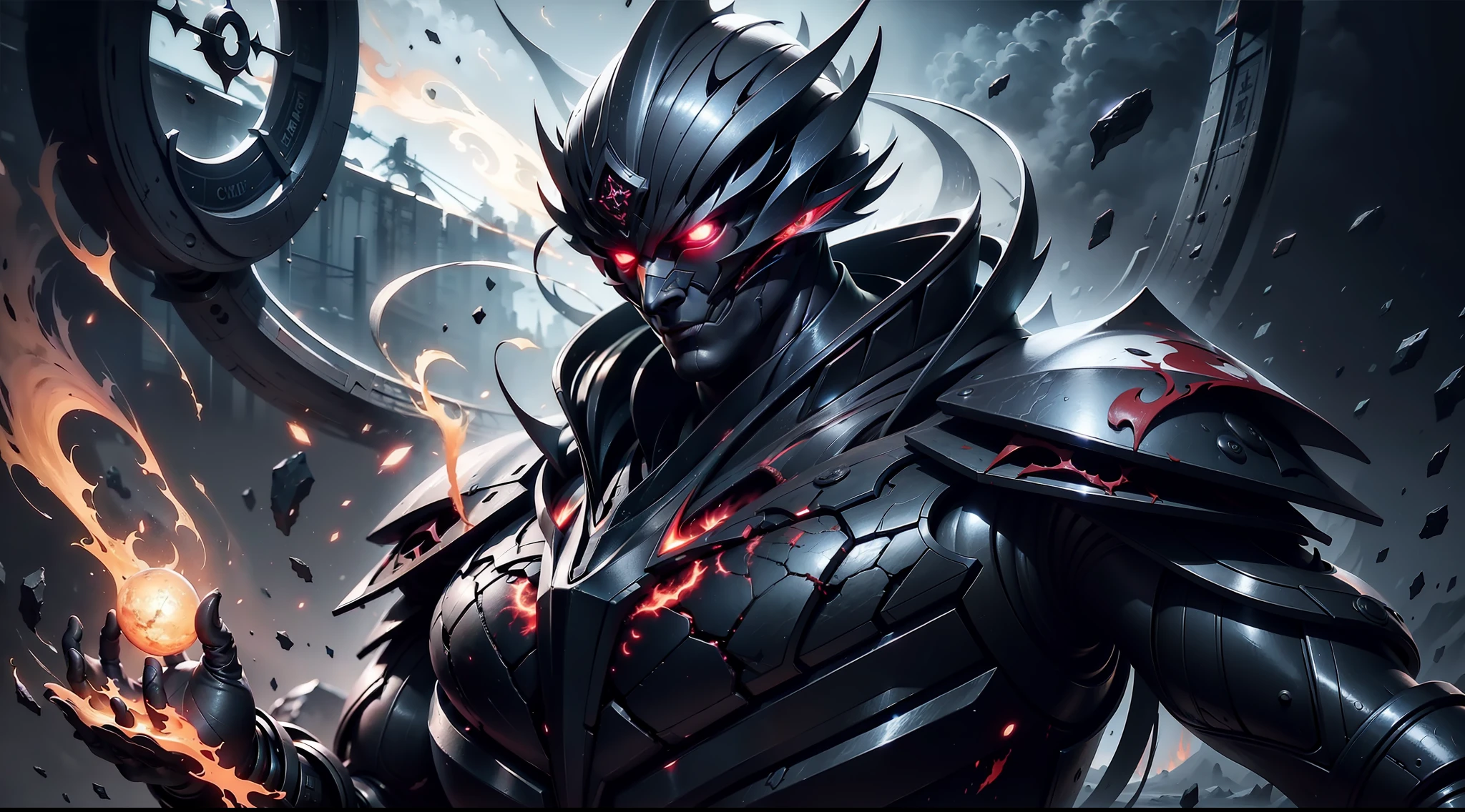 A man with short white hair, Red eyes, Clear facial features, indifferent expression, Strong body,Wearing（Dark colors）Mecha Powerful aura, black gas decoration, Sideways photo, 8 Hande masterpiece, insane details, the highest picture quality, rich picture, cold moon background, claw gloves, maske,  Float in the sky，full body photos, 8KHD HD，A Masterpiece, highest detailed, regardless of unparalleled details, black lightning, battlefield background, strong visual impact, shocking picture, red-eye special effect, rich picture, blurred movement, dynamic picture（A Masterpiece，best qualit：1.4），（absurdes，high res，Ultra detail：1.2），Handsome man，Use black magic，（The dark）（Blood）（shadow）Fear Magic imaginative overlays，Art fusion，Fantastic scenes，Evocative narrative