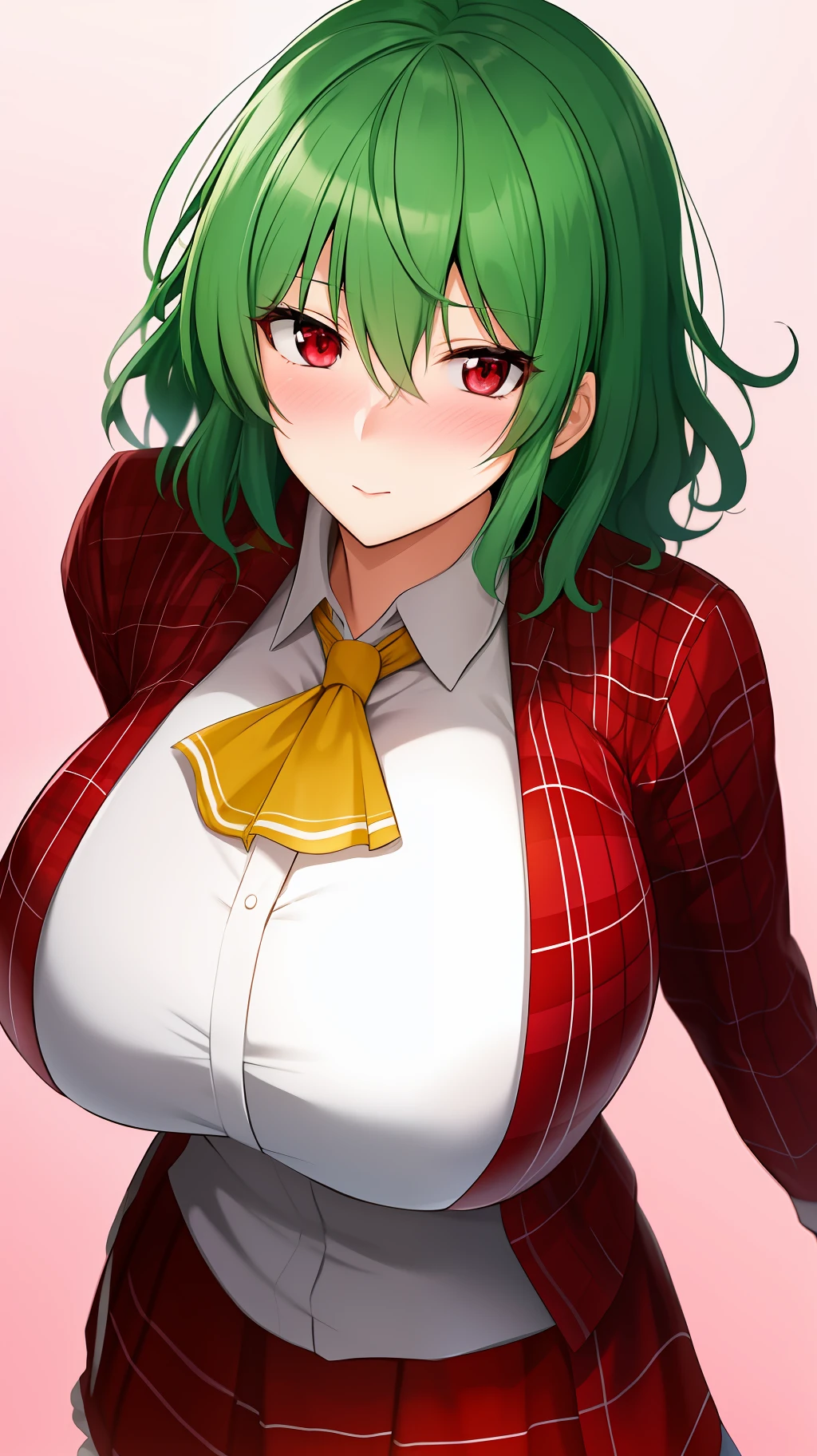 YuukaKazami, red_eyes, green_hair, standing, solo, huge_breasts, blush, closed_mouth, YuukaRedPlaidOutfit, masterpiece, best quality, detailed face, detailed eyes, highres,