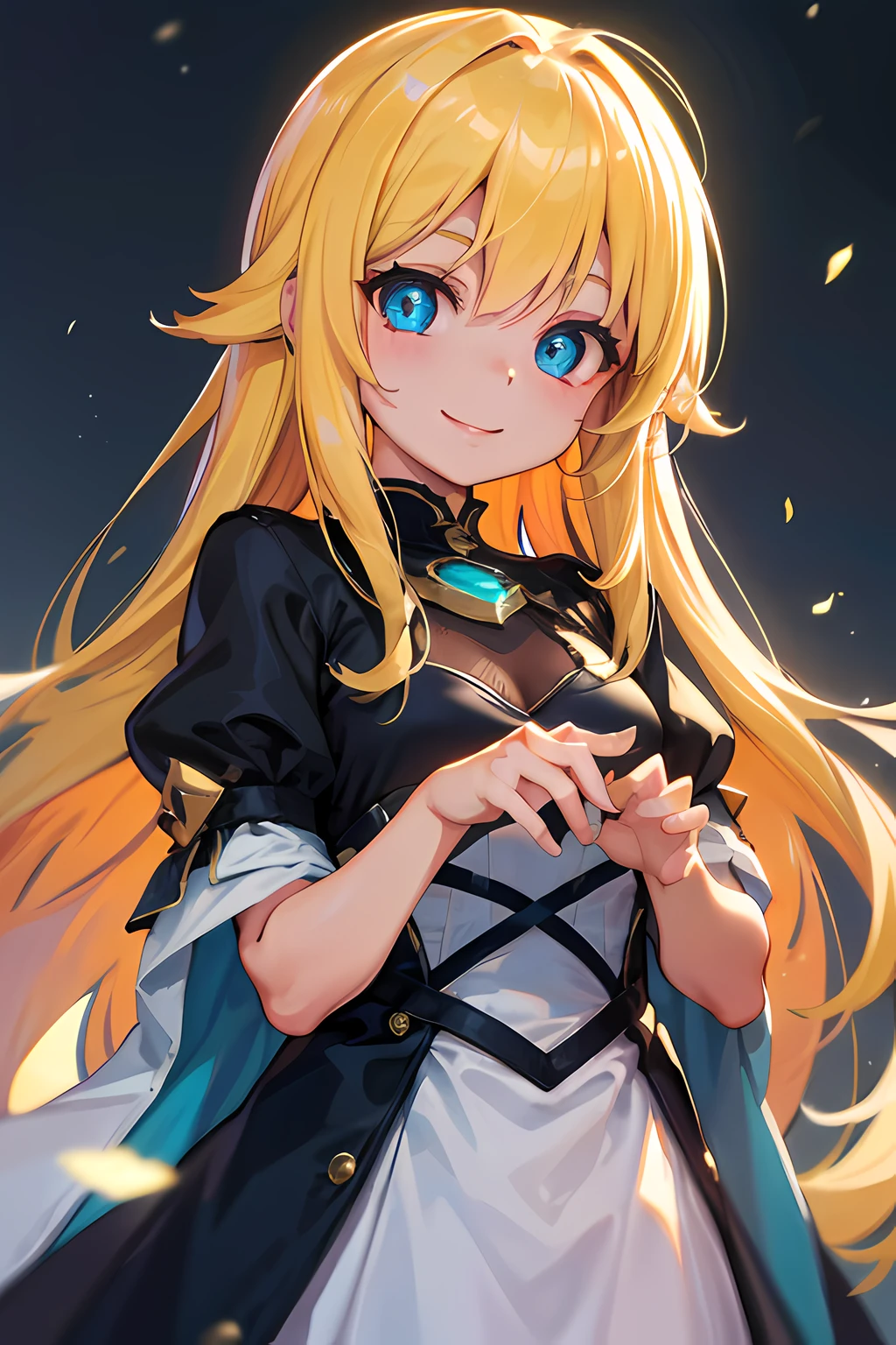 Global Illumination、A masterpiece、maximum quality、Full polygon、Smoothing、Fine touch、semi long、Blonde hair、With bangs、Blue Eye、Happy smile、Night light