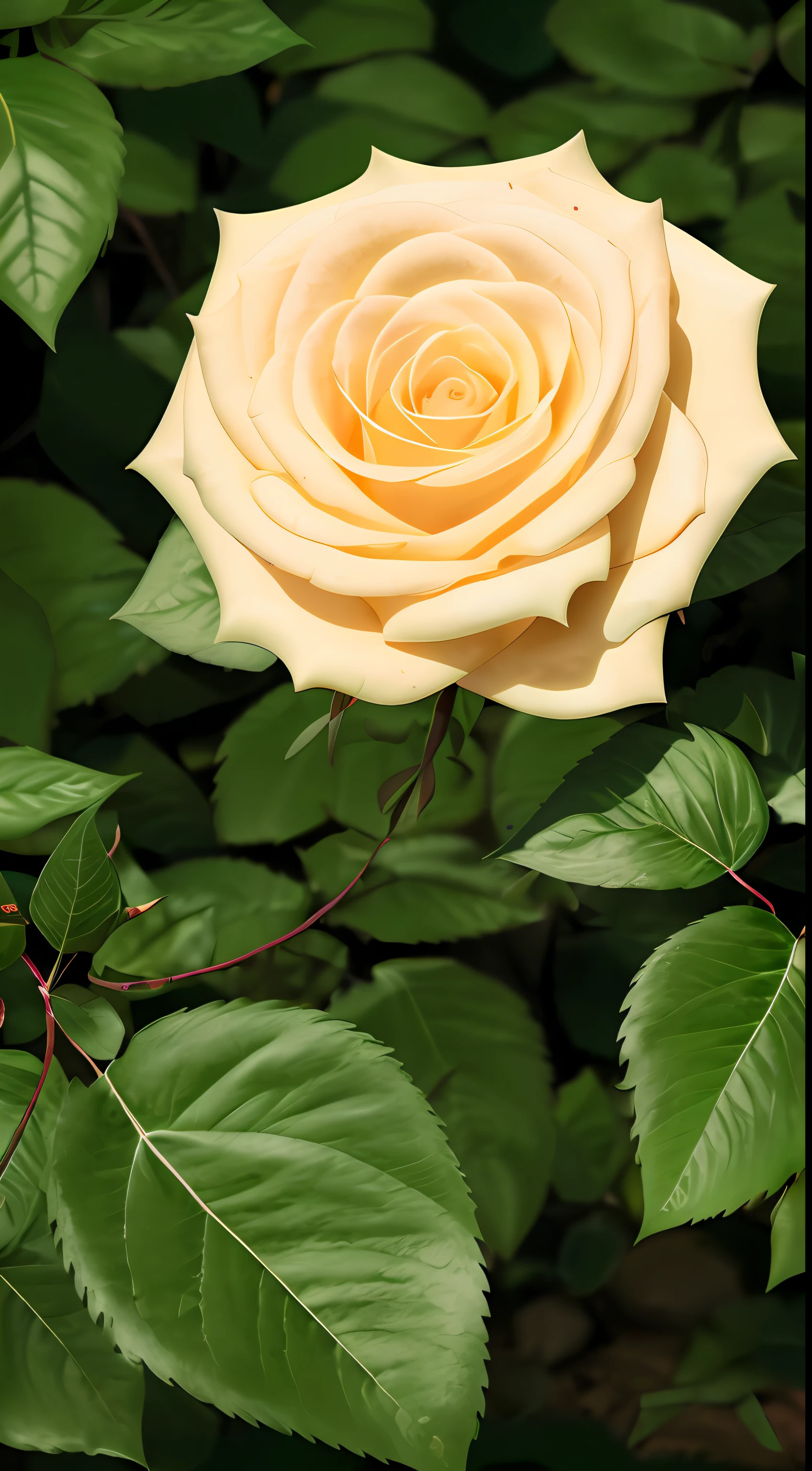 large rose flower with very green leaves, illuminated by sunlight in an ultra realistic environment 8 k --auto