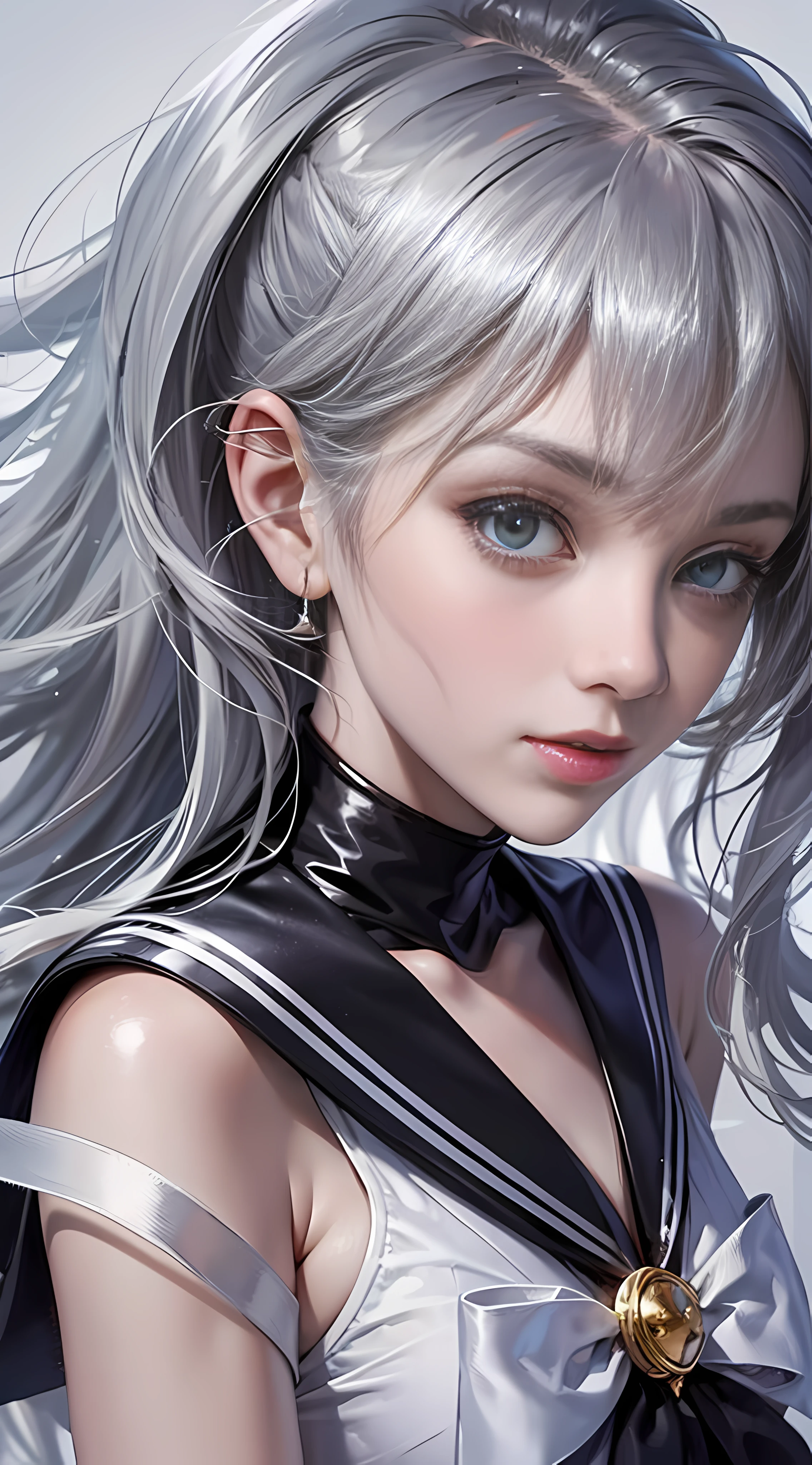 Ultra high quality,8K,Don't miss your fingers,1girle,Close-up of the upper body,Sailor Moon,Silver-gray hair,Sailor suit