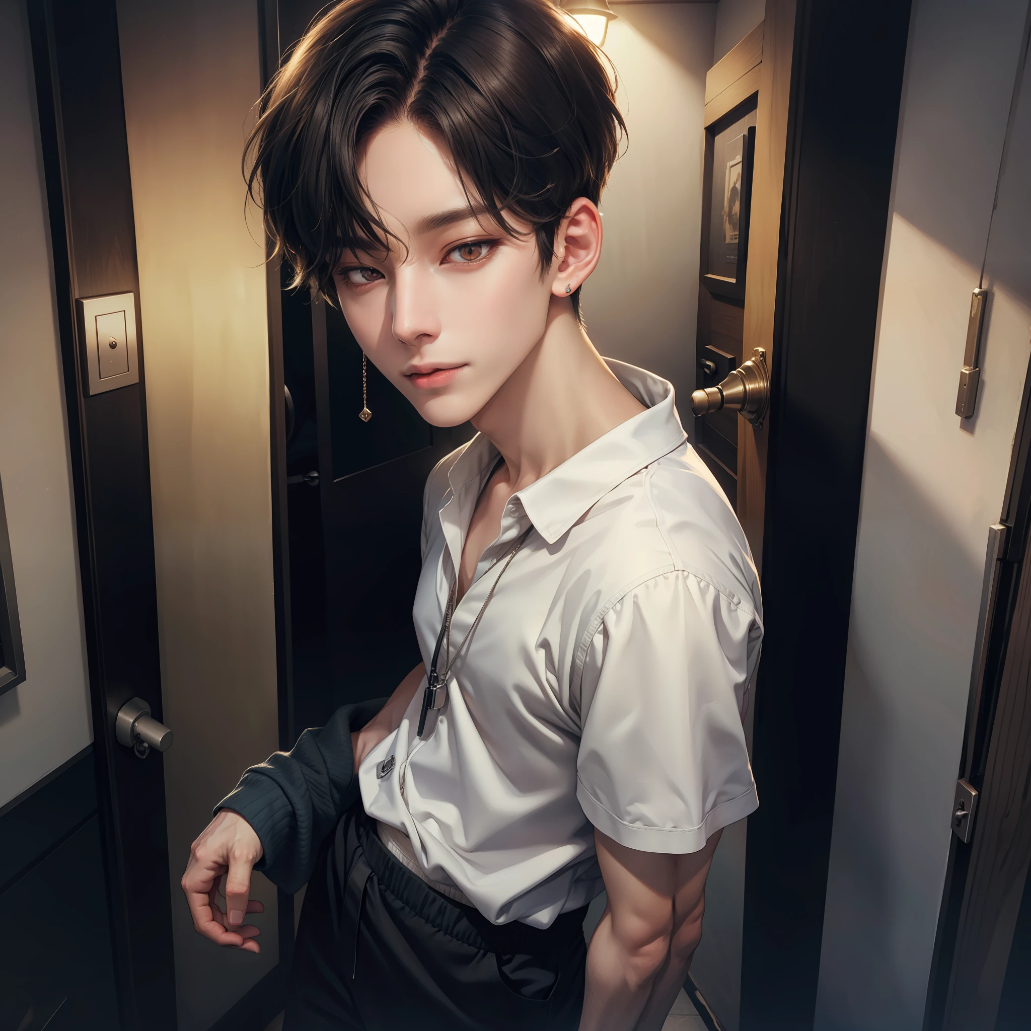 When I got home, I saw an American man standing alone at the door、Welcome me、25-year-old adult man in Korean fashion with short black hair above the ears and short-sleeved long pants、adult、KPOP Idol、cai xukun、Inspired by Lee Jong-suk、Inspired by Hwang Hyun-jin、Tsuriformes、8k portrait render、realistic anime 3 d style、Soft Portrait Shots 8K、8K Alto Germ Bokeh、Glaring expression in a cool model pose、Tall and small face、Photos showing the whole body