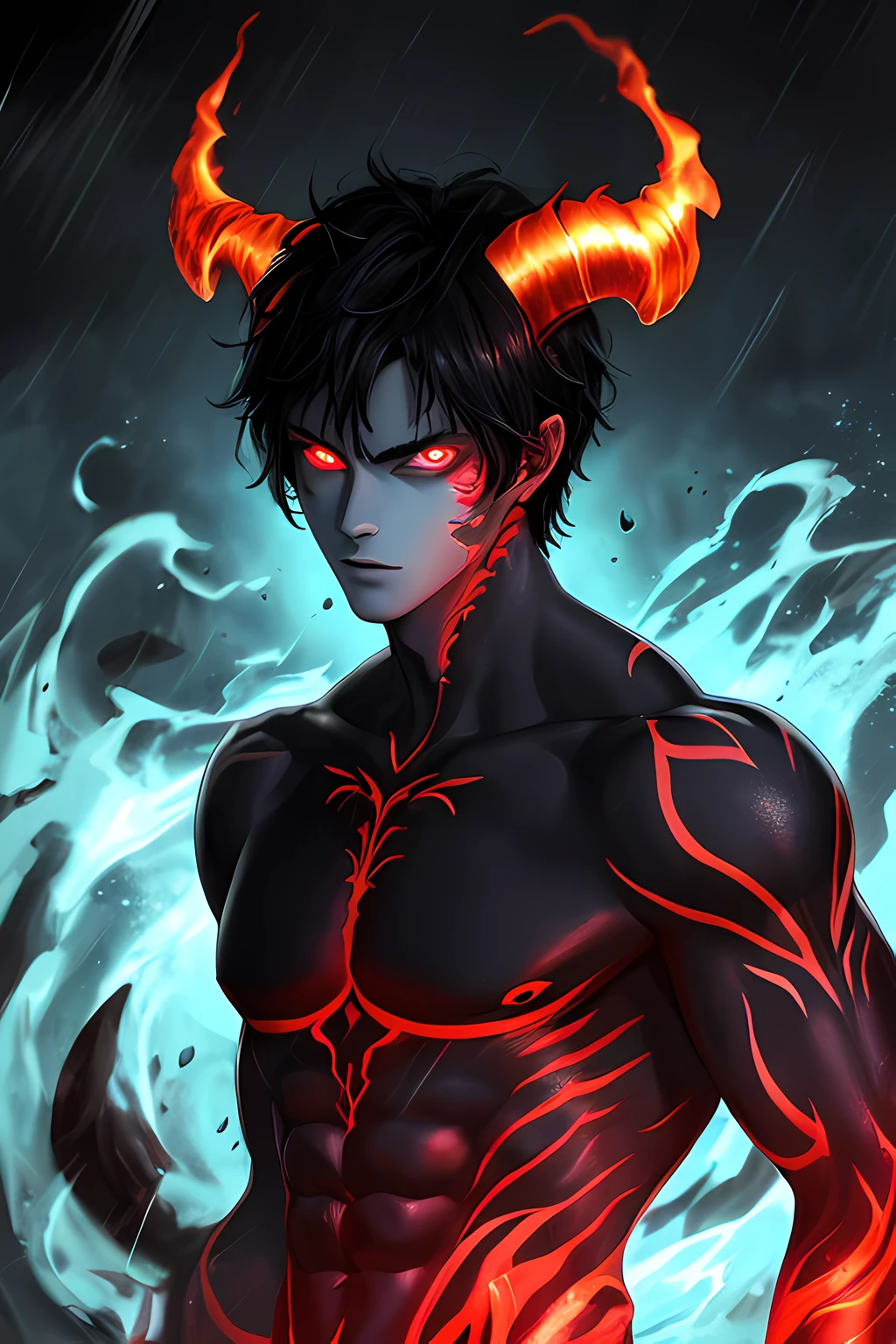 8k, complex, elegant, highly detailed, majestic, digital photography, surrealist painting, beating magic, winding flame, (masterpiece, side light, fine beautiful eyes: 1.2), HDR, (glowing red eyes)), naked upper body, (glowing tattoo), handsome boy, black hair, muscles, blue skin, demon horn, raining, handsome, facing the camera, masterpiece