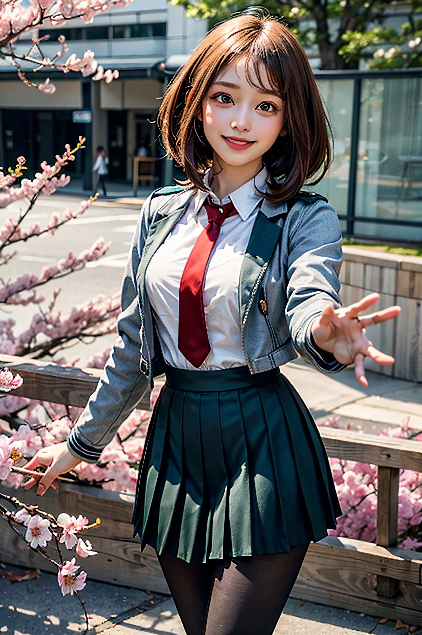 masterpiece, best quality, highres, hmochako, short hair, medium breasts. school uniform, green skirt, pleated skirt, red necktie, black pantyhose, white shirt, long sleeves, grey jacket, reaching out, smile, cherry blossoms, outdoors, cowboy shot,