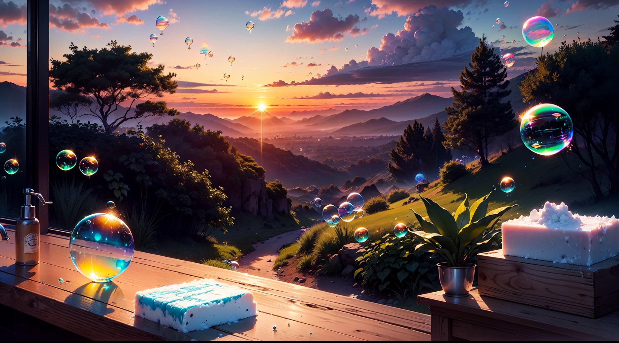 landscape, sunset, ((silver clouds)), jungle, tropic trees, (((neon soap bubbles)))