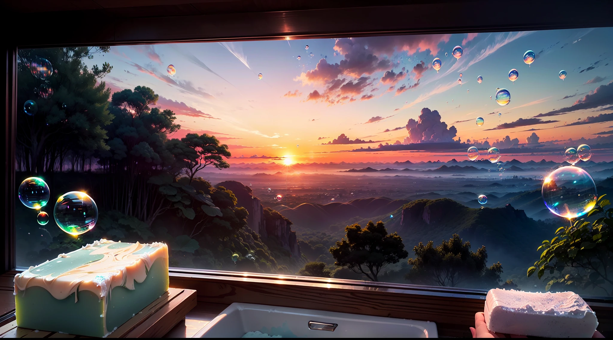 landscape, sunset, ((silver clouds)), jungle, tropic trees, (((neon soap bubbles)))
