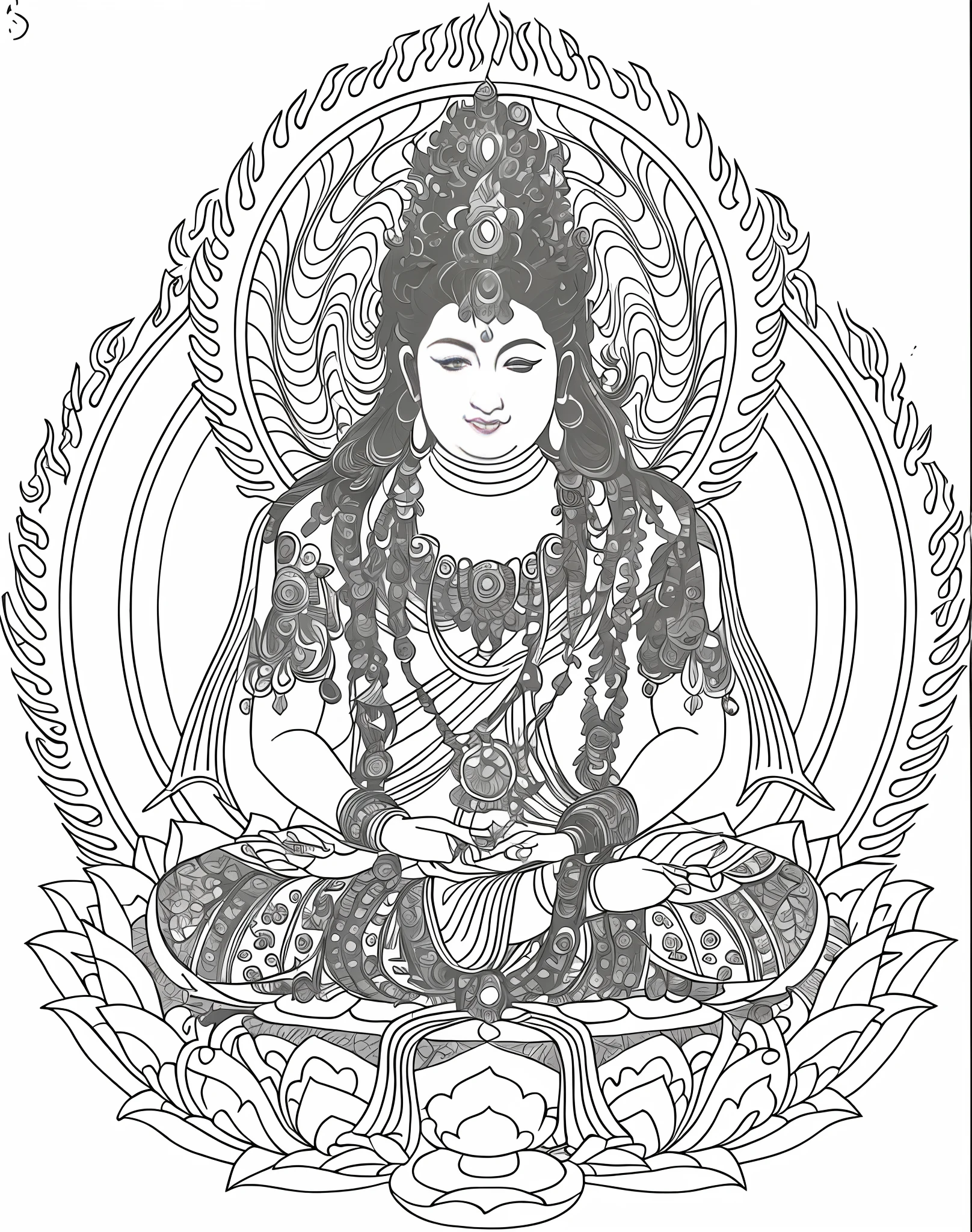 A color painting，A fairy sits in the place of a lotus, Male immortals. extremely high details, bodhisattva, The shade is clear，Skin is bright，extremely detailed goddess shot, attractive male deity, line art colouring page, detailed line art, highly detailed linework, high res, Full-page color illustration, indian goddess of wealth, Illustration of colorful outlines, beautiful line art,