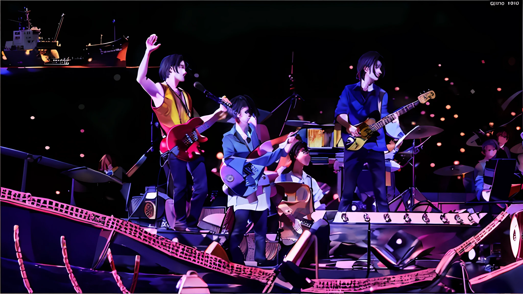 They are playing music on stage with the robot, live, scenic full shot, set at night, exclusive, !!highly detalied, band, on the ocean, on ship, performing, screen capture, bts, may 1 0, jonny greenwood, in spain, author:Fernando Grassi, diy, jonny greenwood (lead guitar), ƒ/5.6