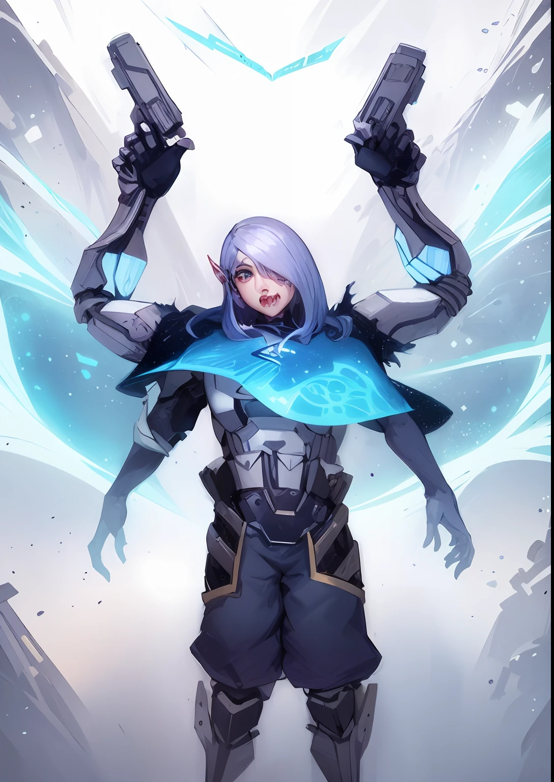 a drawing of a male elf with blue hair holding two guns, starfinder character, cyborg - girl with silver hair, girl in mecha cyber armor, holy cyborg necromancer girl, cyborg merchant girl, full portrait of electromancer, inspired by Zoltan Boros, angry female cyborg, mechanized valkyrie girl, cyborg merchant woman, style of starfinder