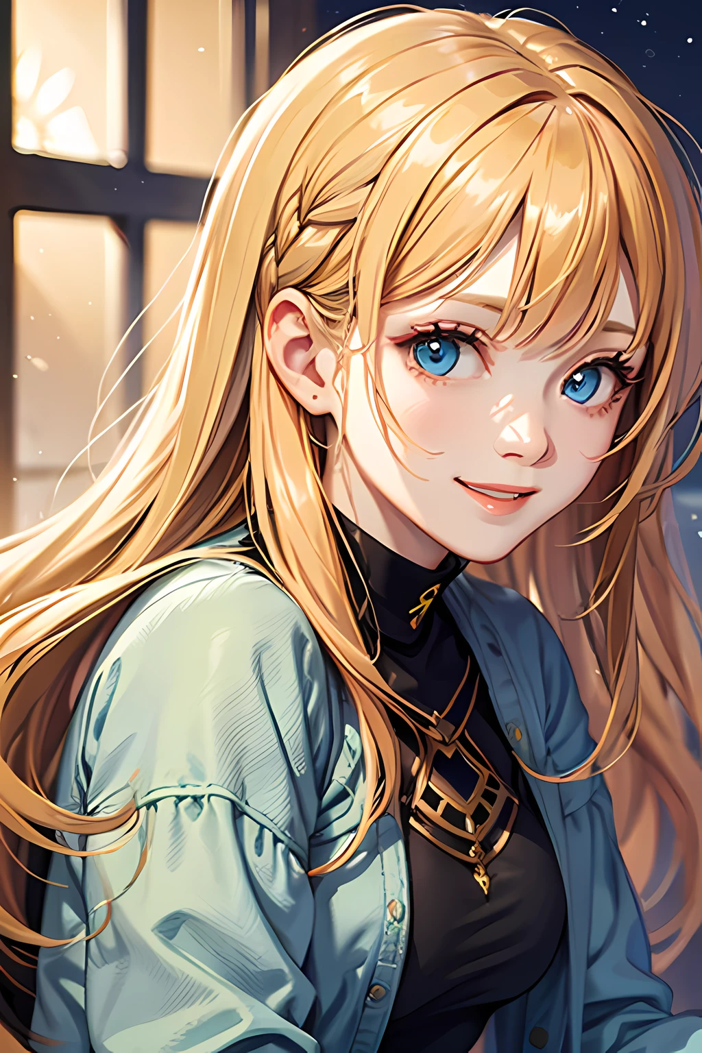 Global Illumination、A masterpiece、maximum quality、Full polygon、Smoothing、Fine touch、semi long、Blonde hair、With bangs、Blue Eye、Happy smile、Night light