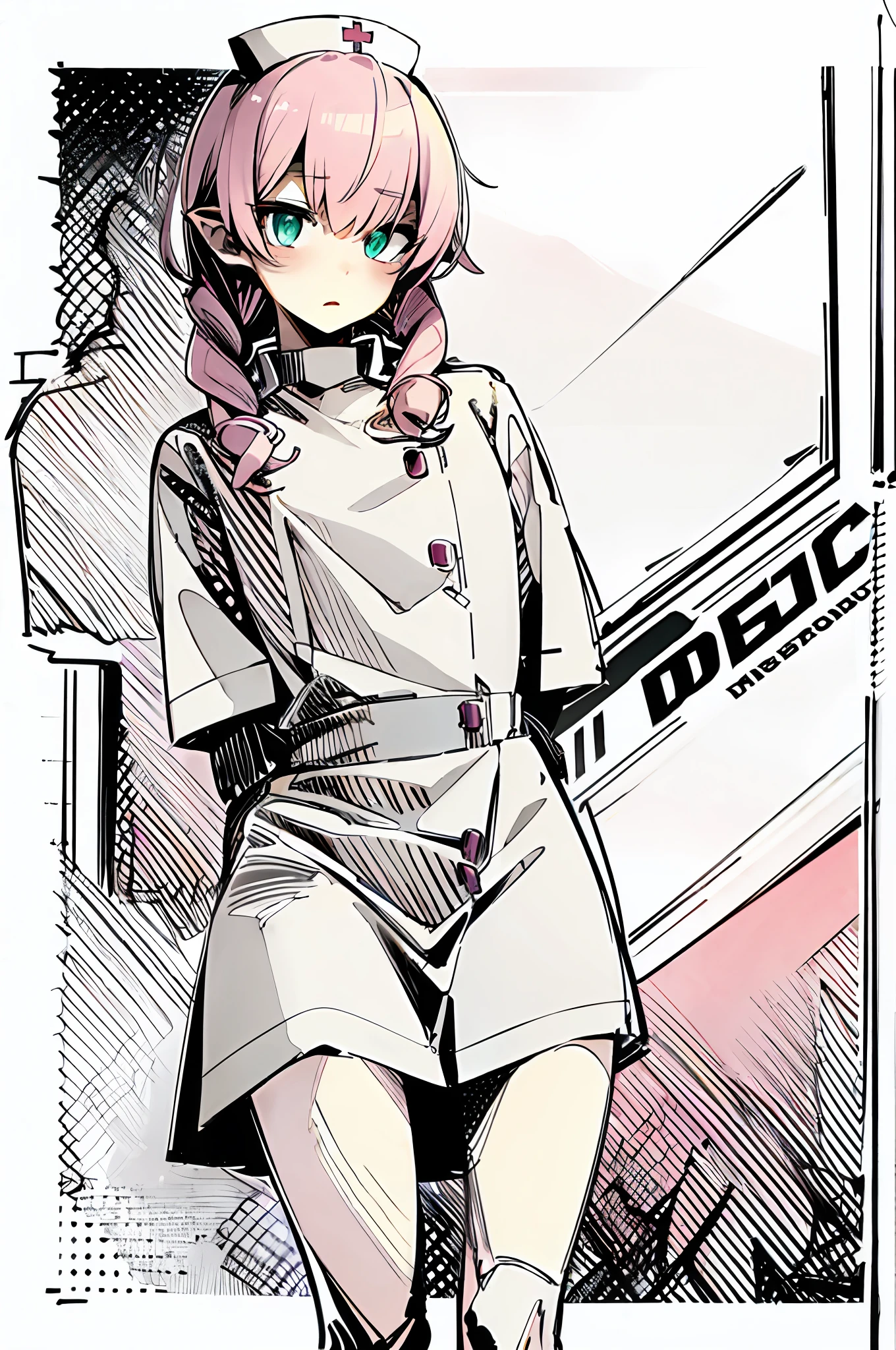 Incarnate Pink、_sketch_style、solo、Green ink、sketch、Original Character、、fill、Focus on eyes and hands、Ultra-detailed eyes、Pink Heart、White background、Nurse clothing above the knee that adheres closely to the top and waist、syringe