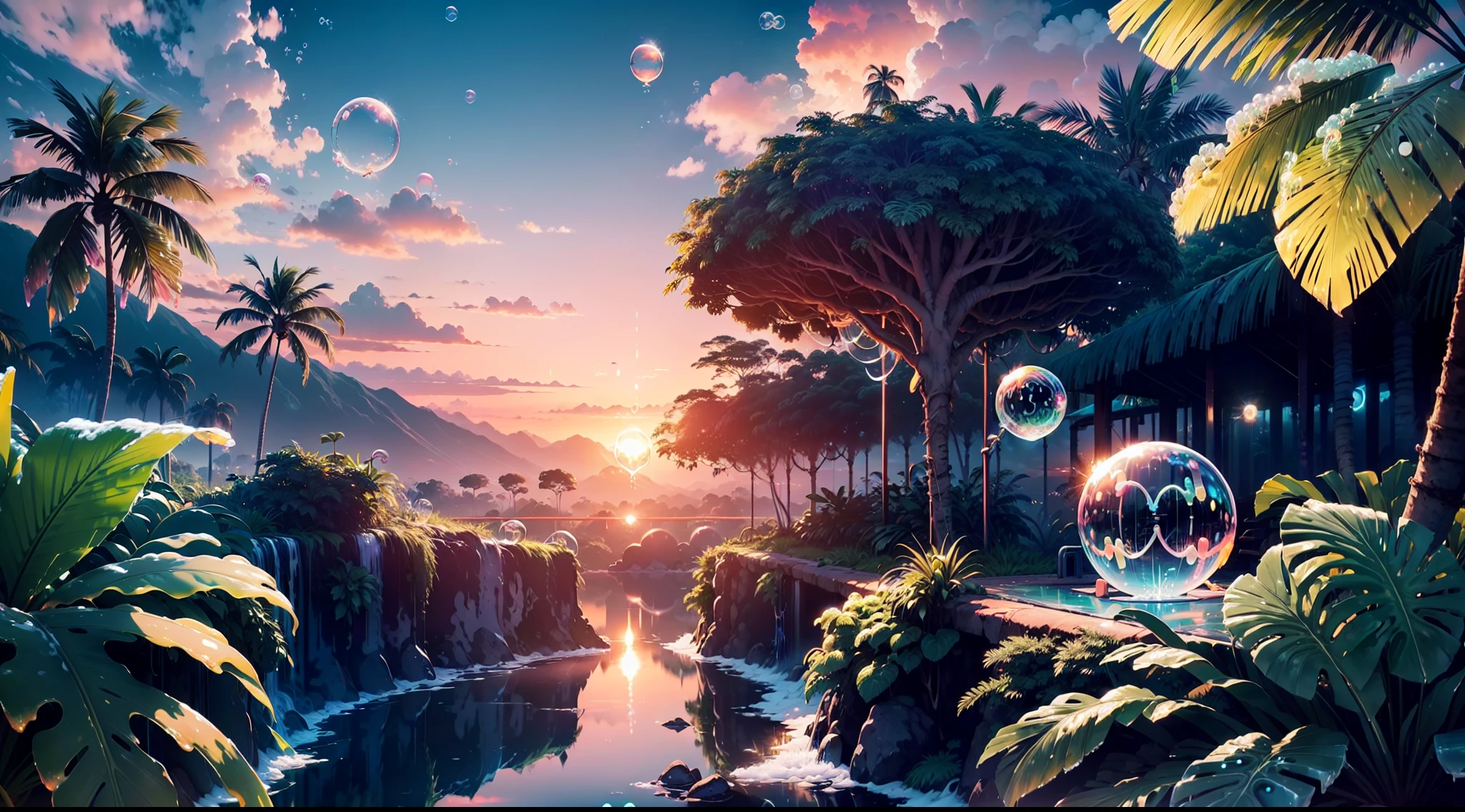 landscape, sunset, ((silver clouds)), jungle, giant tropic trees, (((neon soap bubbles)))