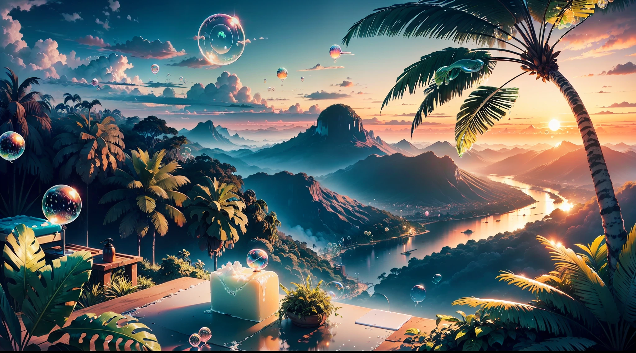 landscape, sunset, ((silver clouds)), jungle, giant tropic trees, (((neon soap bubbles)))