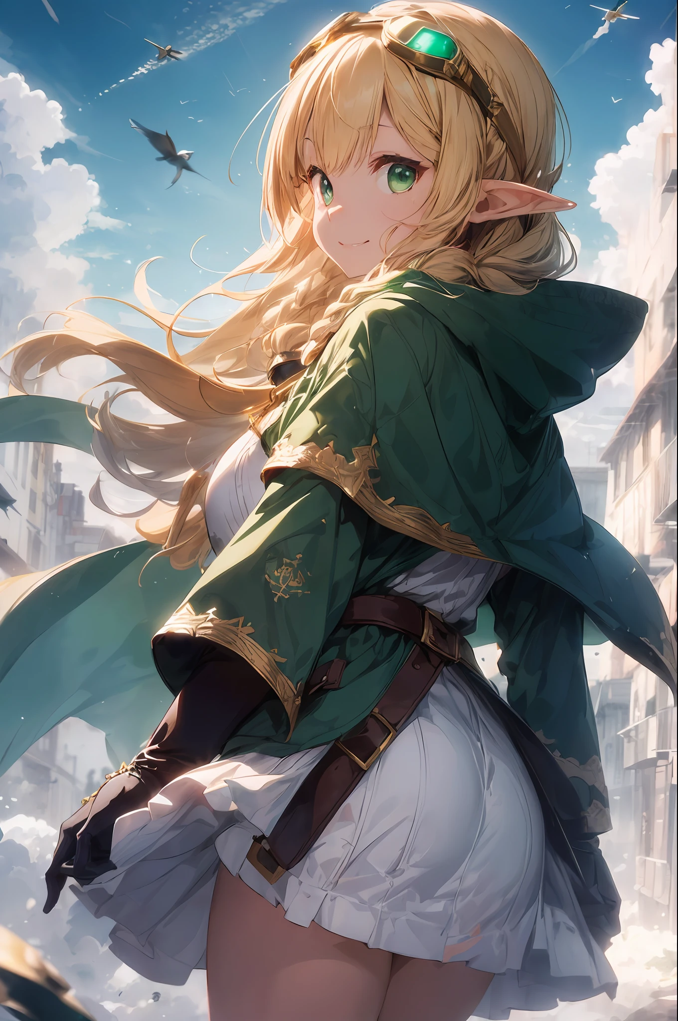 (((masterpeace、BEST QUALITY、high precision、High and fine)))、((fantasy))、1person、(((Elf Girl)))、(White skirt with gold embroidery)、(Blonde long braid hair)、(Big glowing dark green eyes、Shining eyes)、((Large hooded longcloak))、(Green surcoat with gold embroidery)、(((Head goggles)))、((Thick gloves))、Big Boobs、smile、(((Fly in the sky)))、(((Sense of flight)))、((((Clouds flowing off the screen))))、((Clouds being torn apart))、(Dive into the sky)、((Aerial))、Storm、A lot of light grains are flying、Dynamic angle、sideview