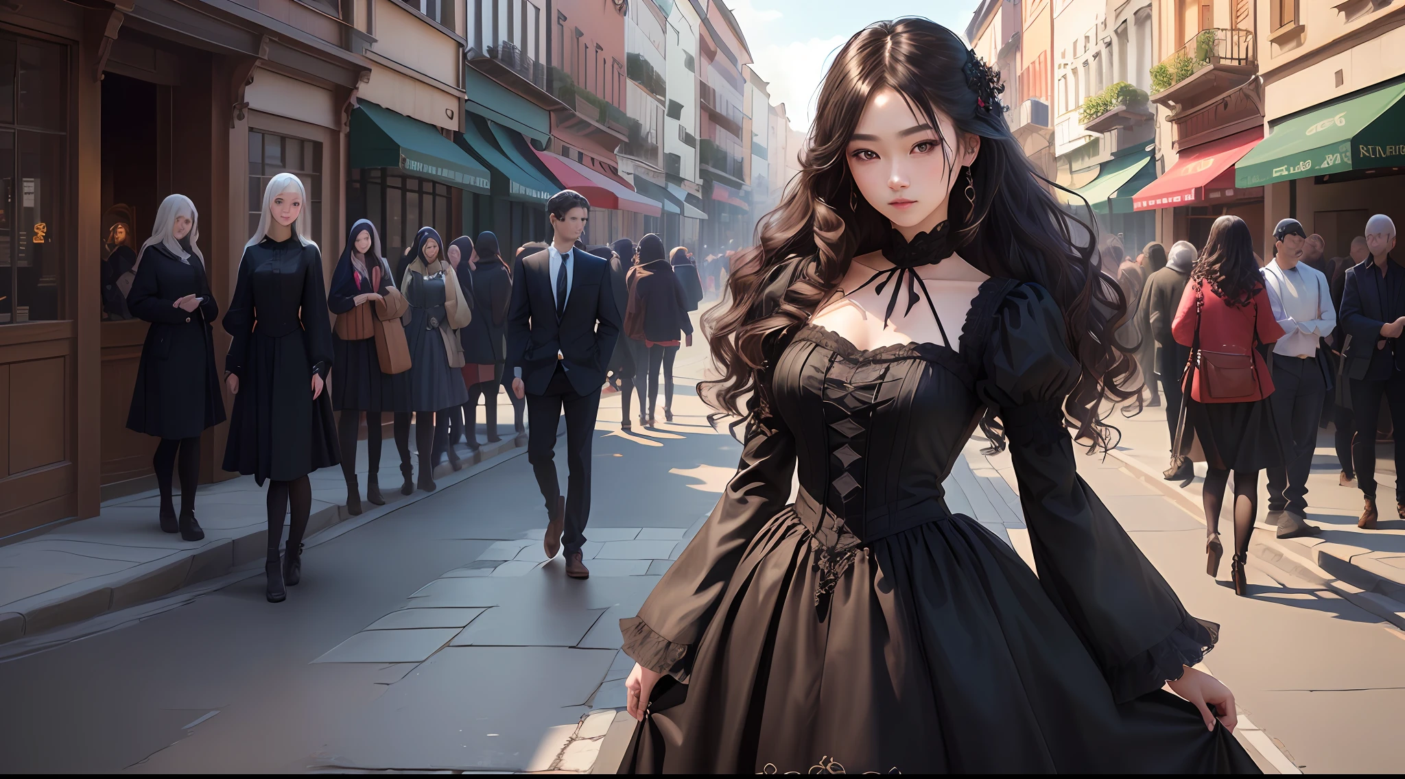 ulzzang-6500-v1.1, (RAW photograph:1.2), (lifelike:1.4), Beautiful and delicate Japanese girl, Very detailed eyes and face, beautifuldetailedeyes,Slim_Legs, Slim_hip, absurdes, Incredibly ridiculous, huge filesize, Super detailed, high res,A Masterpiece,best qualit,Intricate details,highdetail,Clear focus,Detailed skin,realistic skin textures,texture, ((Wear a short Gothic dress,boot)), illustartion, RAWExtremely detailed, CG, unity, 8k wallpaper, striking, detalhes finos, A Masterpiece, the best quality t,an ultra realistic, Photo realism, 8k uhd, Very detailed CG unified 8k wallpaper, light on face, Cinematic Lights, 1girle, Age16, all body,Long black curly hair,European medieval street background on left, (Gothic dress up crowd:1.2),((dinamic pose:1.4))), ((all body)),