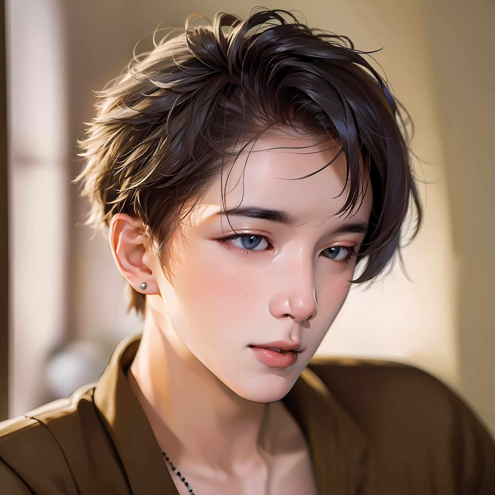 short-haired guy with high strokes kpop 8K, Best Quality, Masterpiece, Ultra High Resolution, (Realism: 1.4), Original Photo, (Realistic Skin Texture: 1.3), (Film Grain: 1.3), (Selfie Angle)