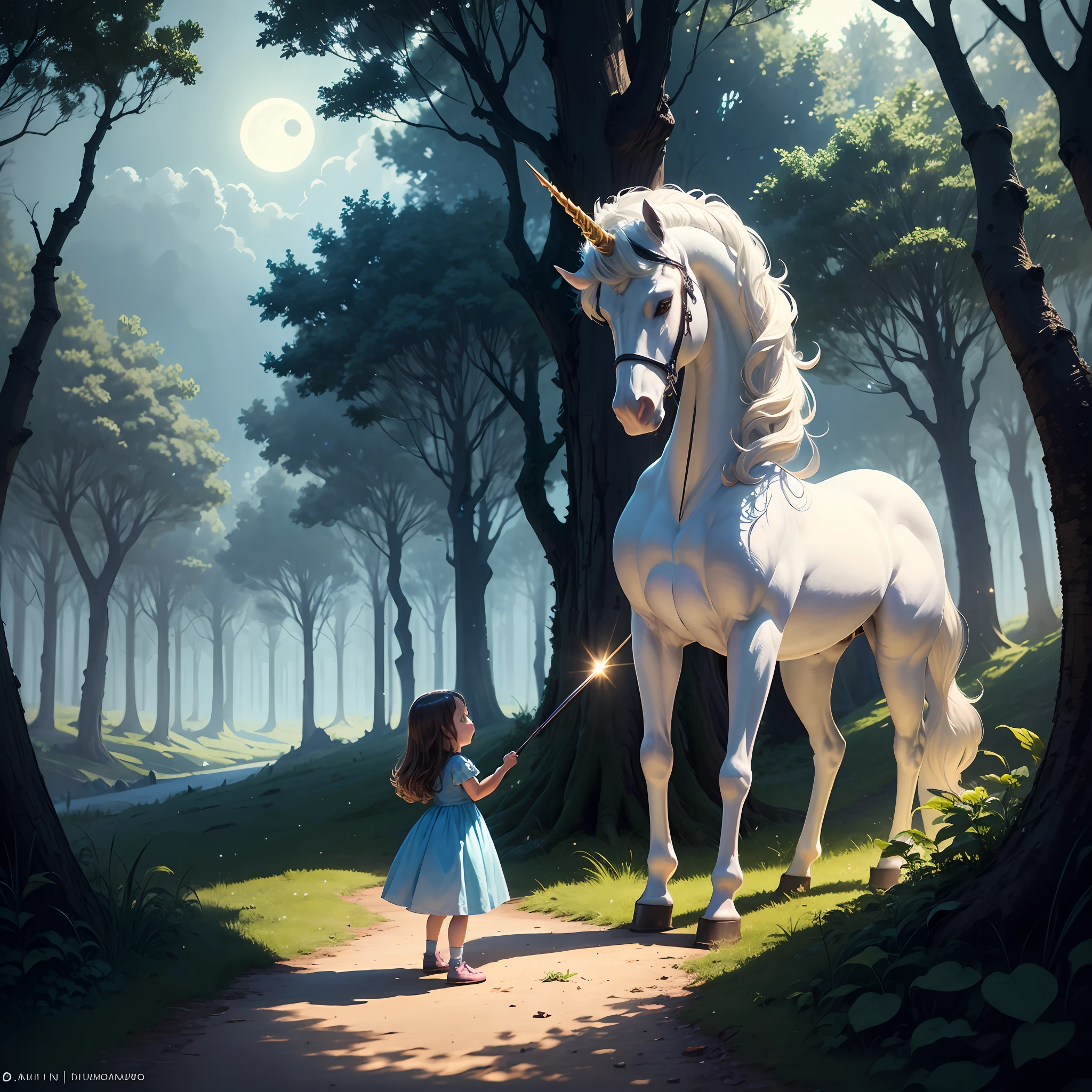 A little girl with long, brown hair is standing in a clearing in the woods. She wears a light blue dress and holds a magic wand in one hand. Ao fundo, we see tall, leafy trees, iluminadas pela luz da lua. A majestic white unicorn stands next to the little girl, olhando para ela com gentileza. Mais ao longe, vemos um castelo imponente com torres e janelas iluminadas. The sky is starry and the full moon shines brightly. The atmosphere is magical and charming --auto